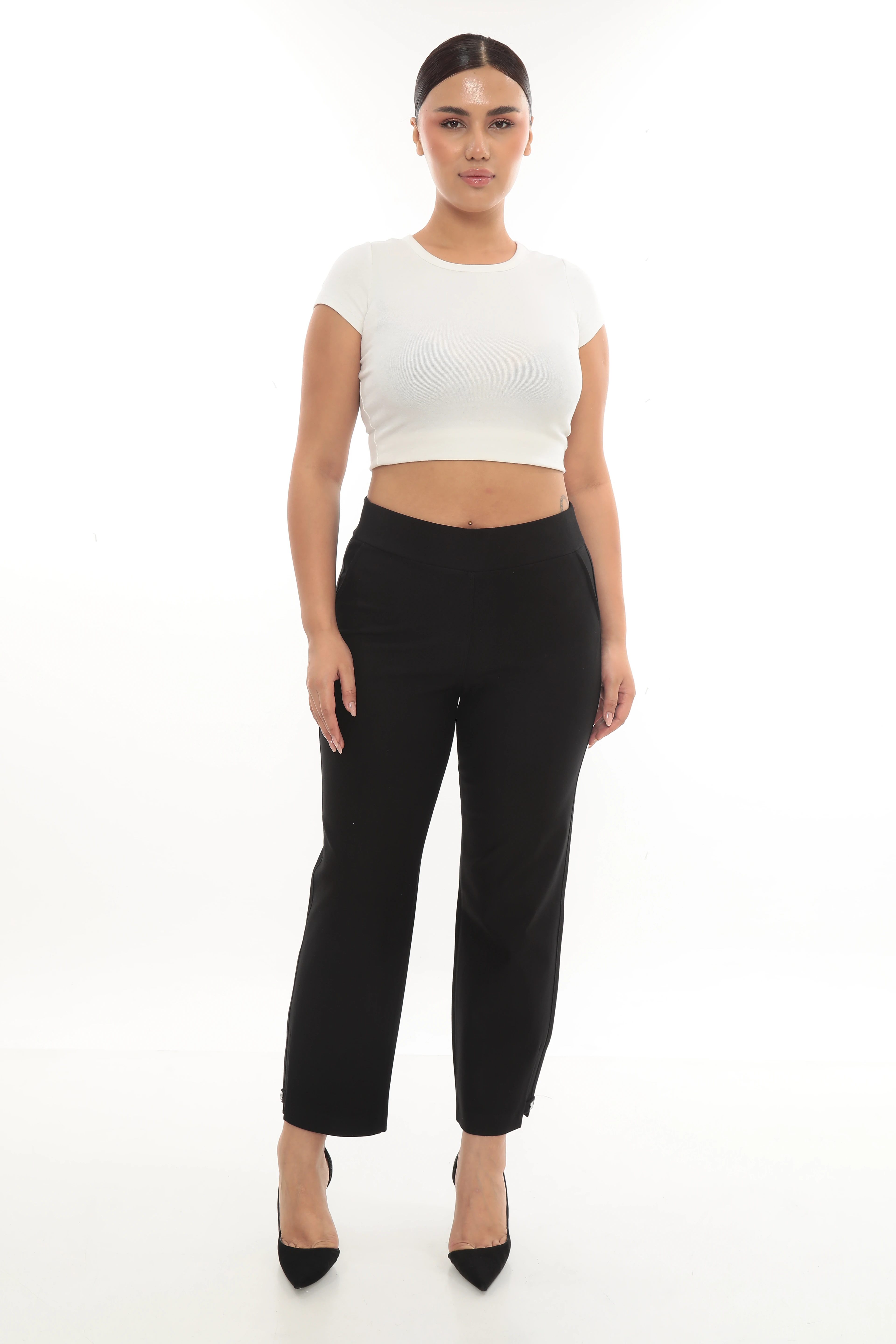 Kadın Özel Paça Kesim Aksesuarlı Örme Klasik Pantolon 1-01-4021-8008