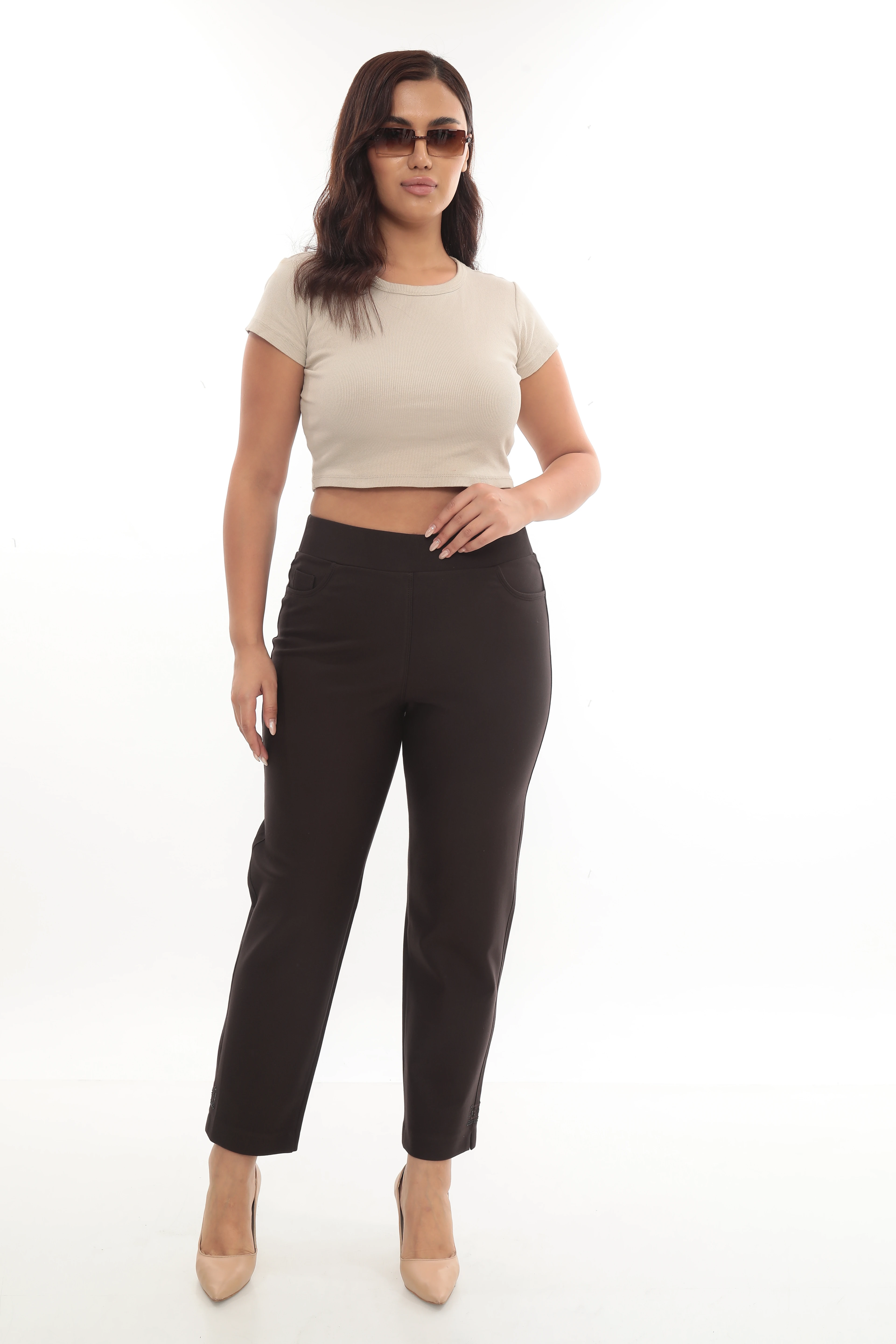 Kadın Paça Ve Arka Cep Taş Ve Nakış Detaylı Örme Pantolon 1-01-4020-8009 - Kahverengi