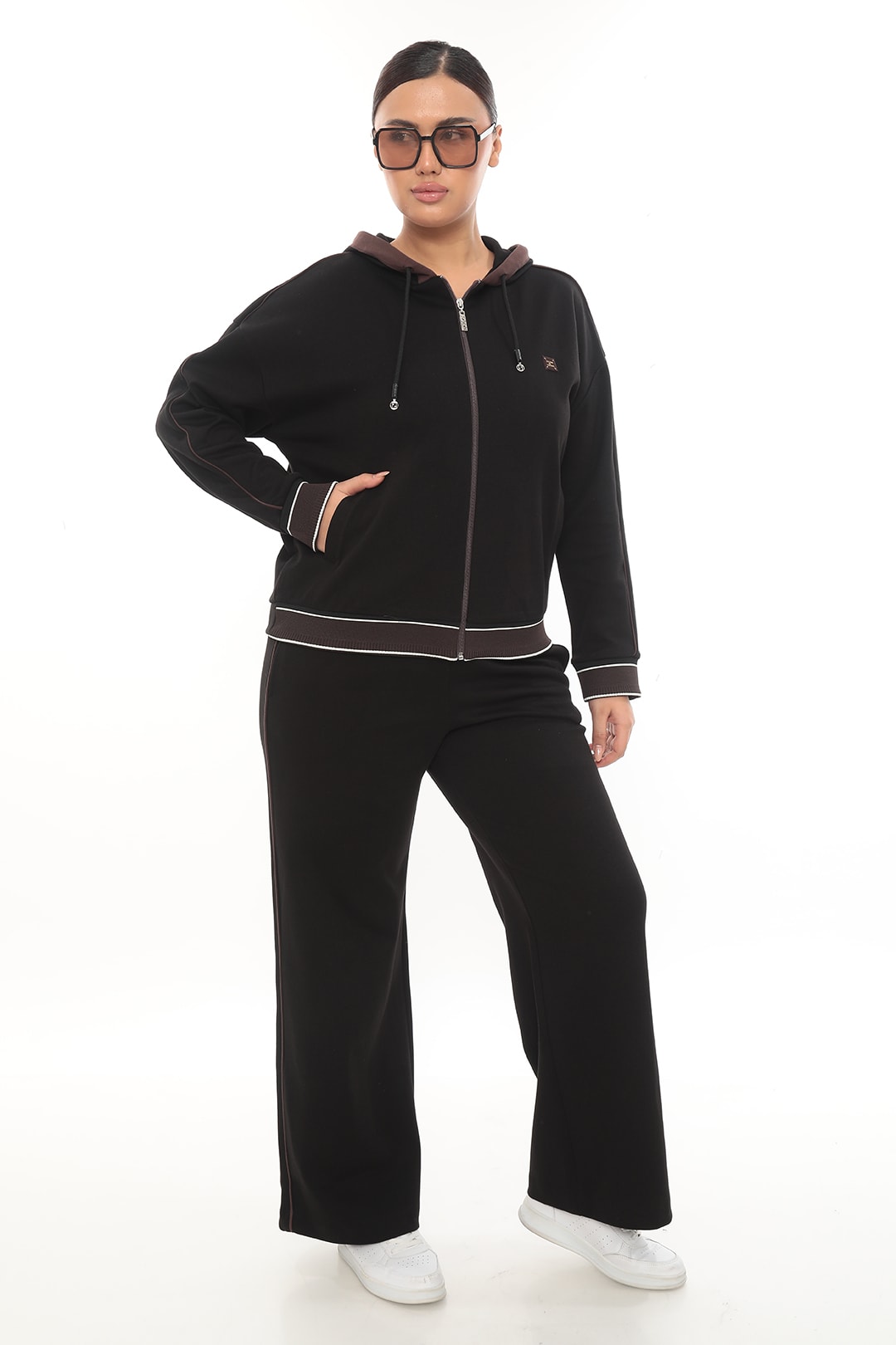 Kadın Kapüşonlu Fermuarlı Kordonlu Kemeri Özel Lastikli Kışlık Büyük Beden Eşofman Takımı 7-03-402 - Siyah