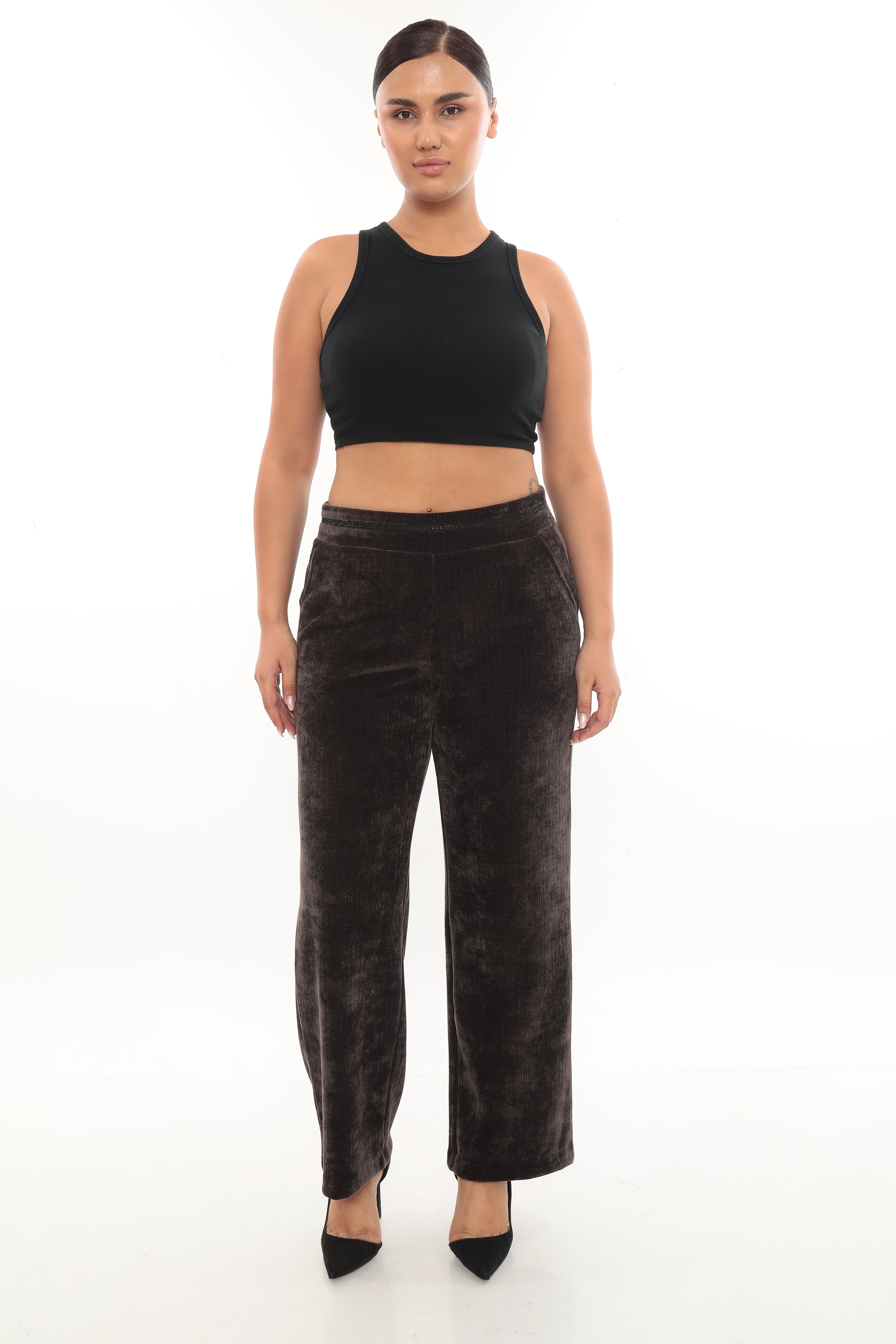 Kadın Taşlı Kalın Kadife Pantolon 1-02-4002 - Kahverengi