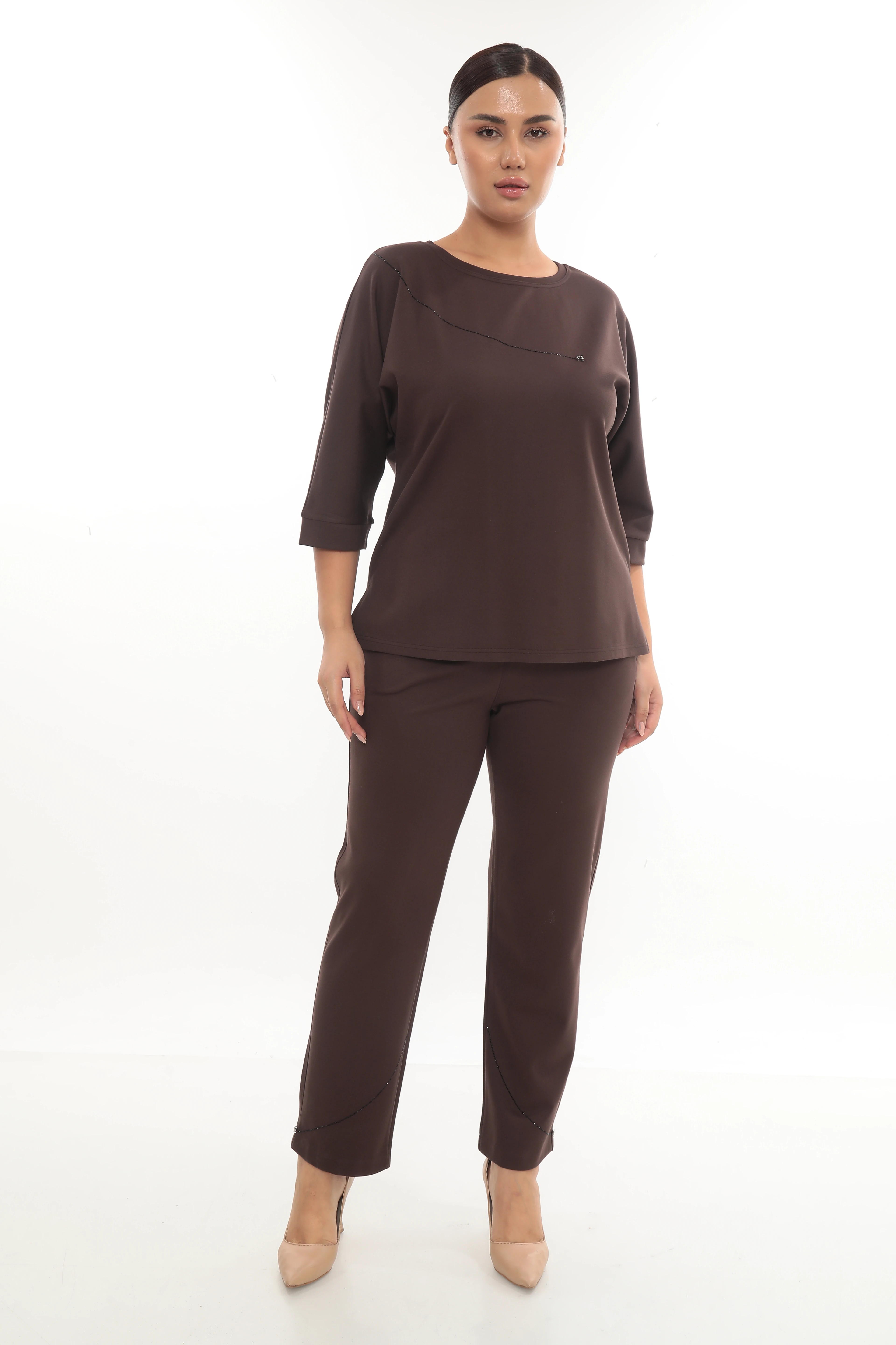 Kadın Paça Ve bluzu Taşlı Alt Üst Örme Eşofman Takımı 7-05-4003-8001 - Kahverengi