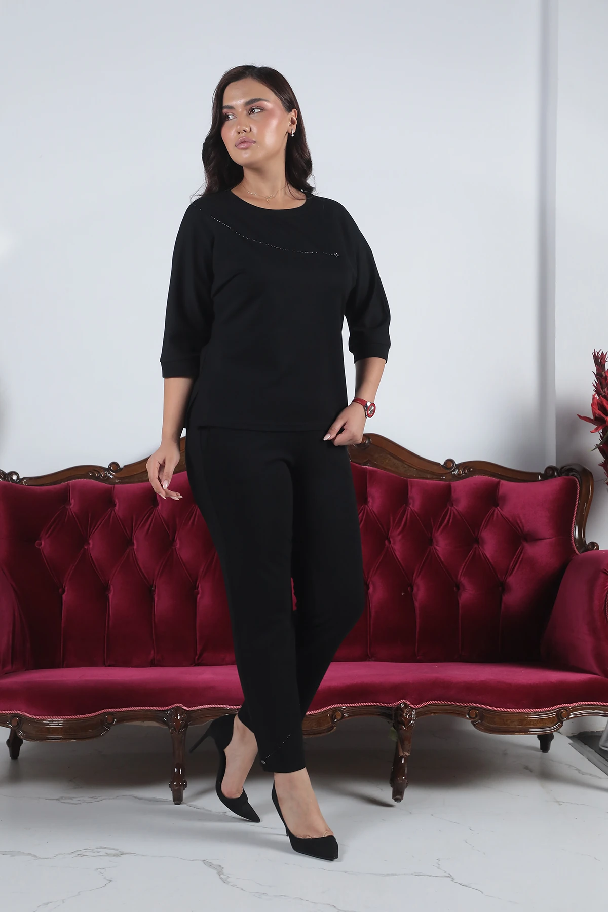 Kadın Paça Ve bluzu Taşlı Alt Üst Örme Eşofman Takımı 7-05-4003-8001 - Siyah