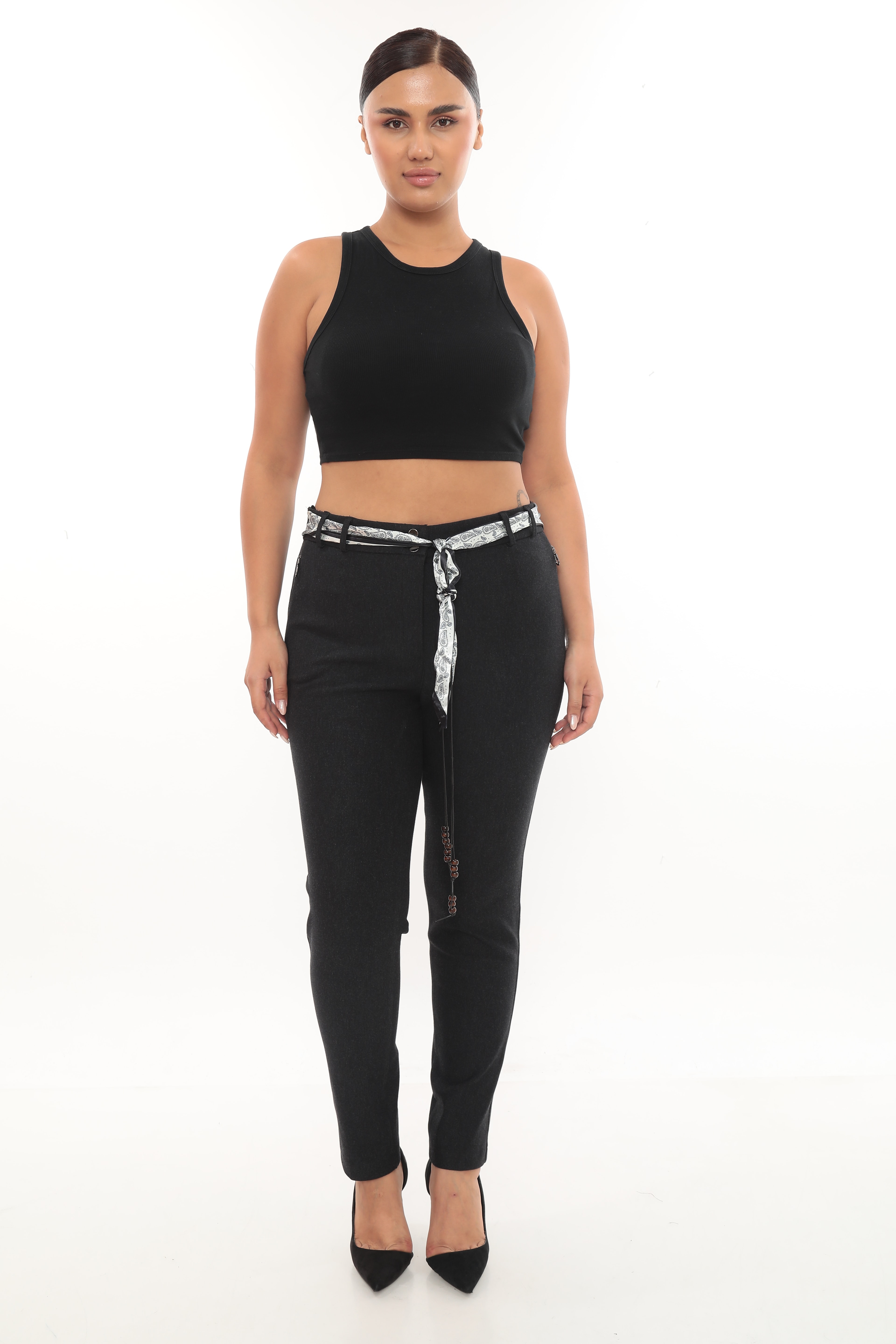 Kadın Kemerli Fermuarlı Likralı Örme Kışlık Pantolon 1-521-422 - Antrasit