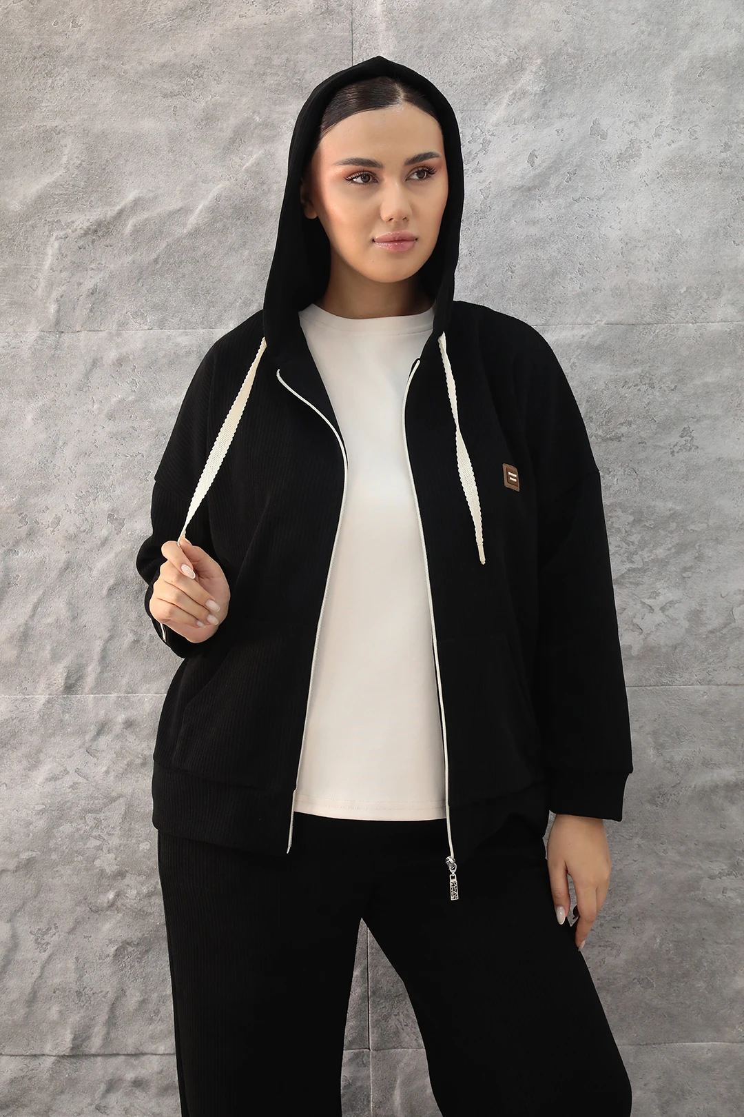 Kadın Kapüşonlu Fermuarlı Büyük Beden Kışlık 3 lü Eşofman Takım 7-31-4030