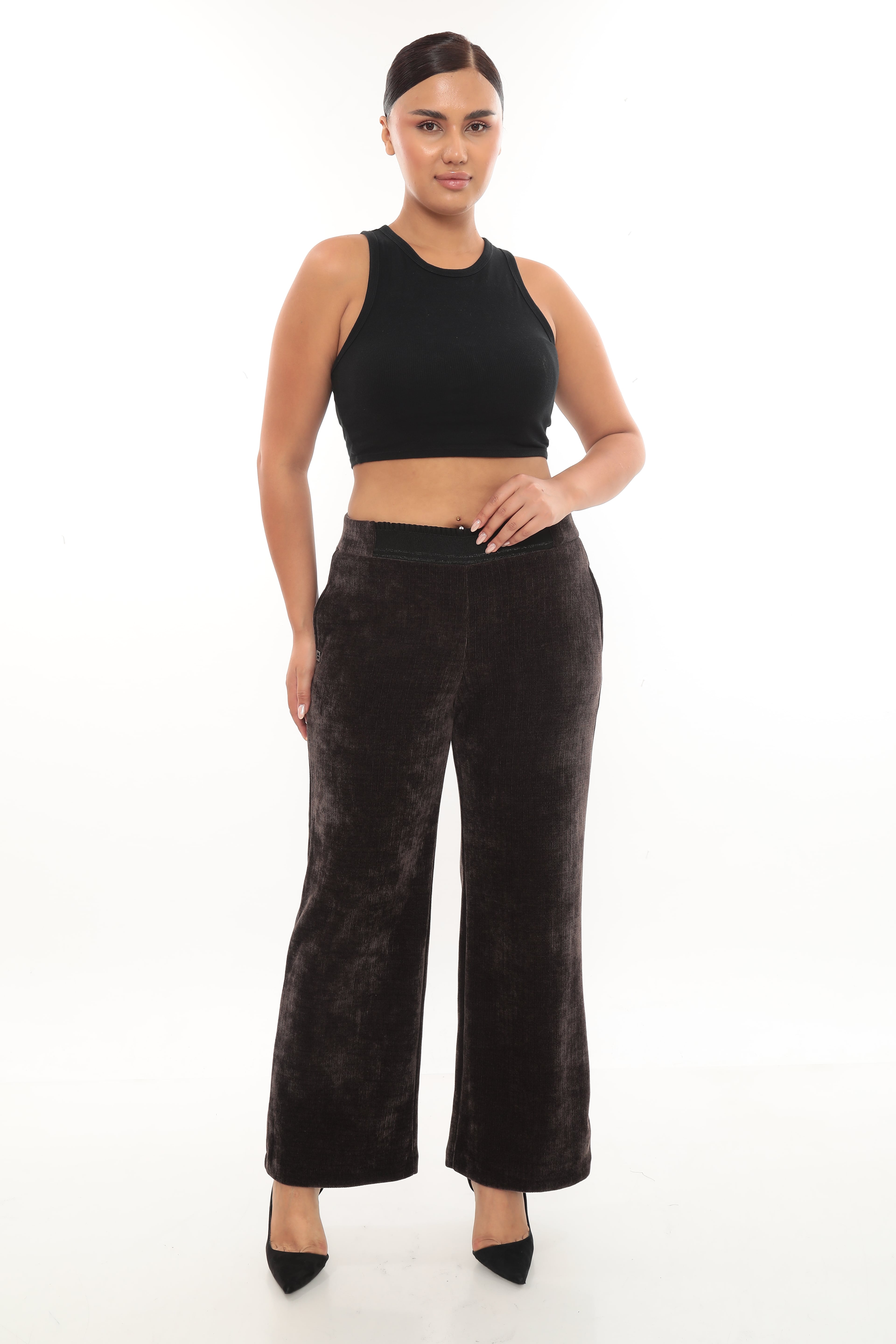 Kadın Beli Lastik Kemerli Aksesuarlı Kalın Kadife Pantolon 1-02-4011-1006 - Kahverengi