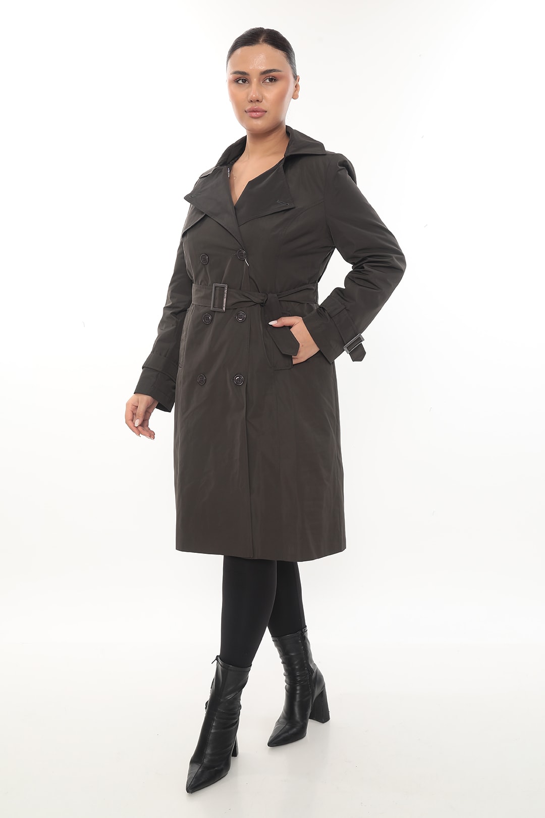 Kadın Astarı Fermuarlı Kemerli Kışlık Trençkot 946 - Haki-Yeşil