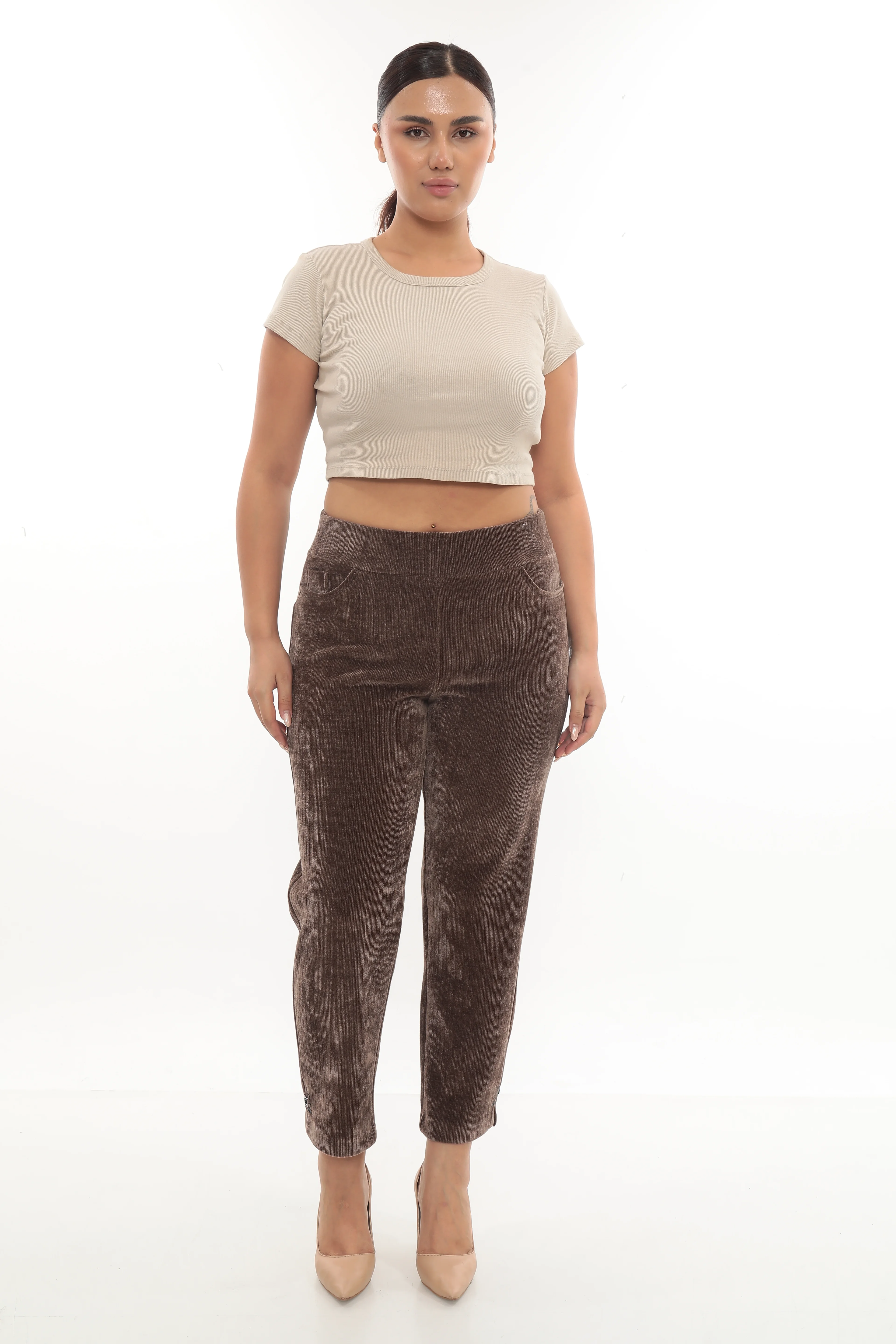 Kadın Paçası Taşlı Dikme Aksesuarlı Kışlık Kadife Pantolon 1-02-4005 - Vizon