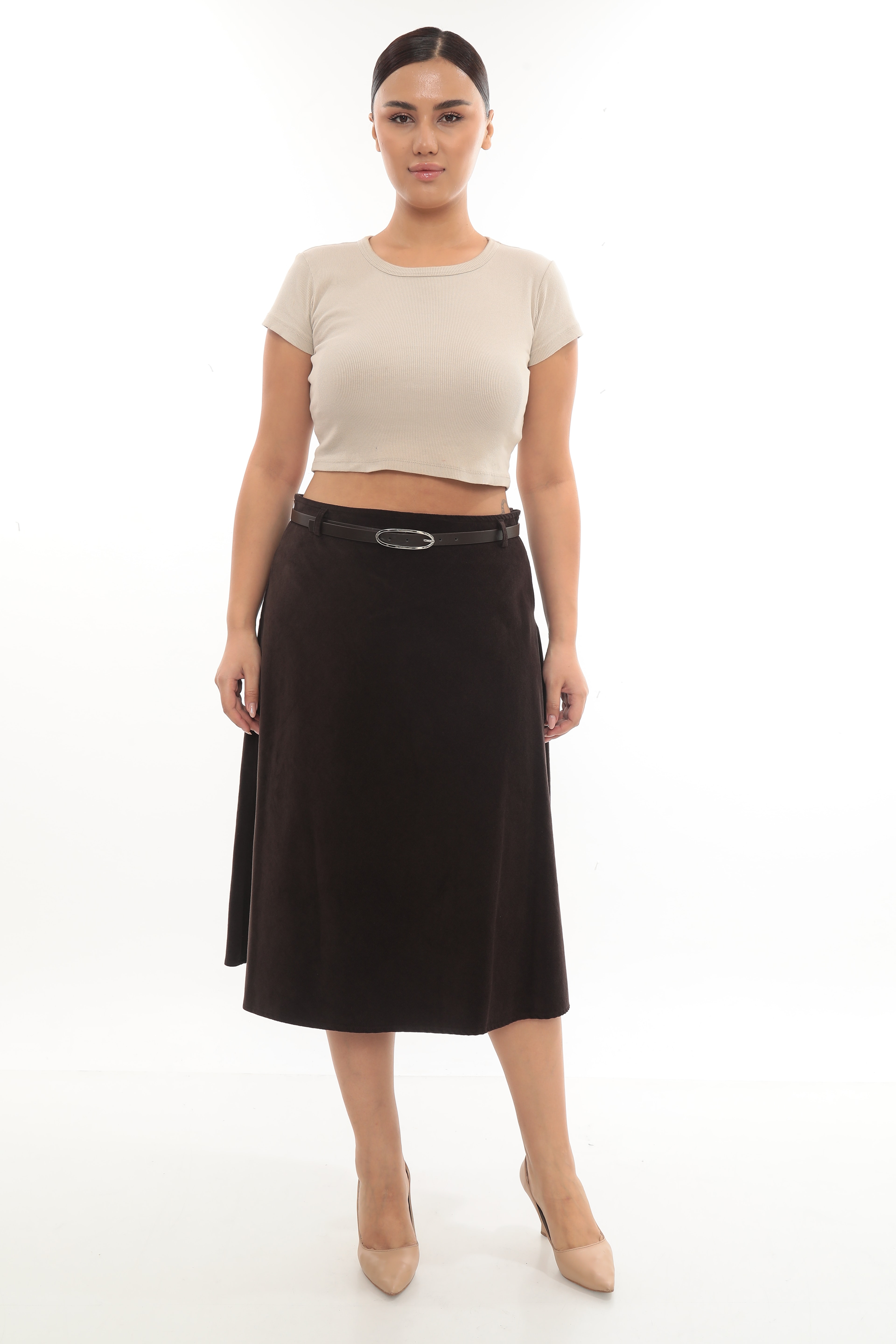 Kadın Kemerli Kadife Etek 2-11-4004 - Kahverengi