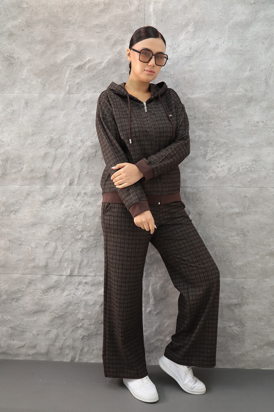 Kadın Özel Ekose Baskı Desenli Fermuarlı Kapüşonlü Kışlık Büyük Beden Takım 7-23-4025