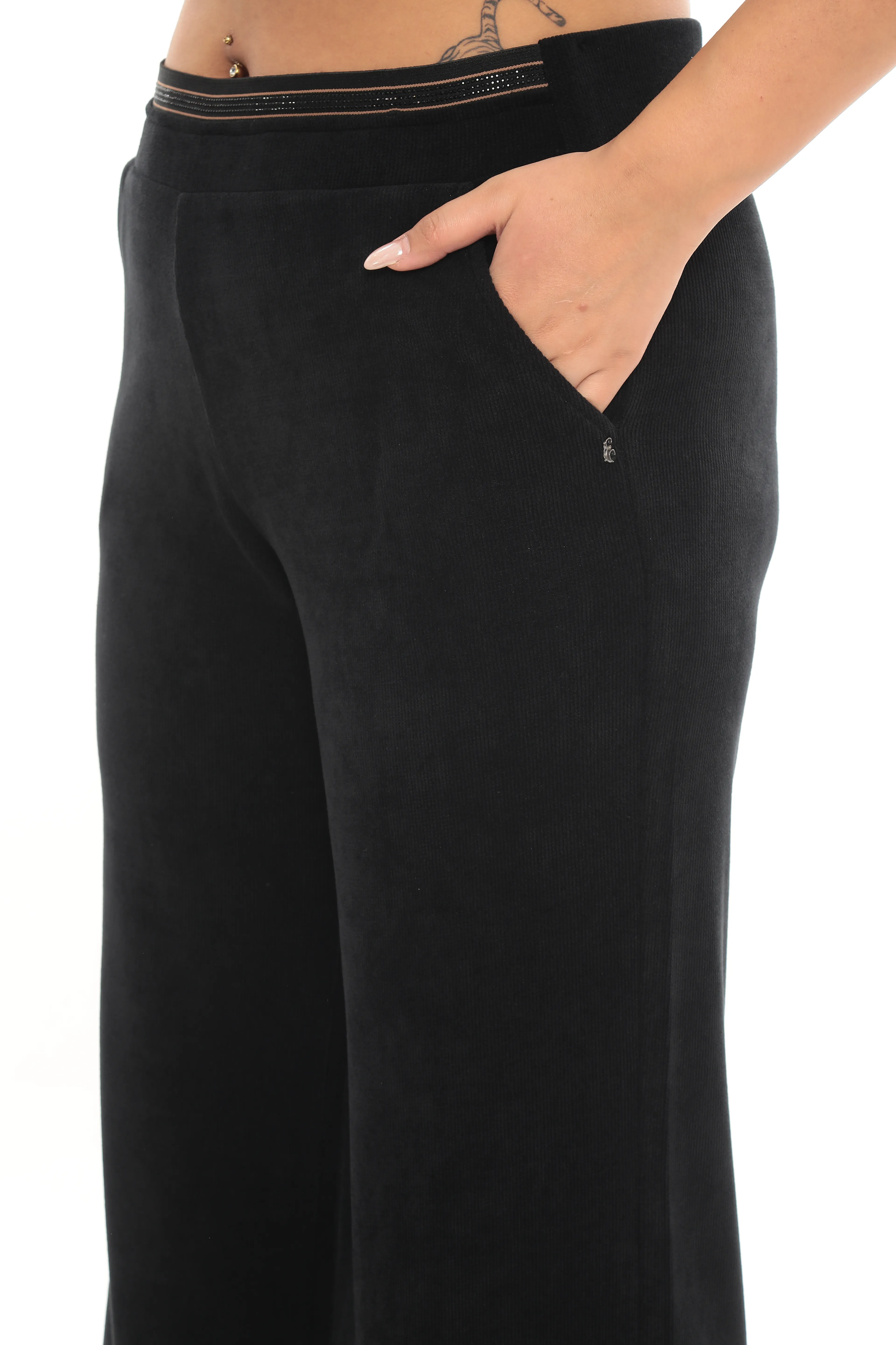 Kadın Taş Şeritli Dikme Aksesuarlı Büyük Beden Kışlık Kadife Pantolon 1-04-4022