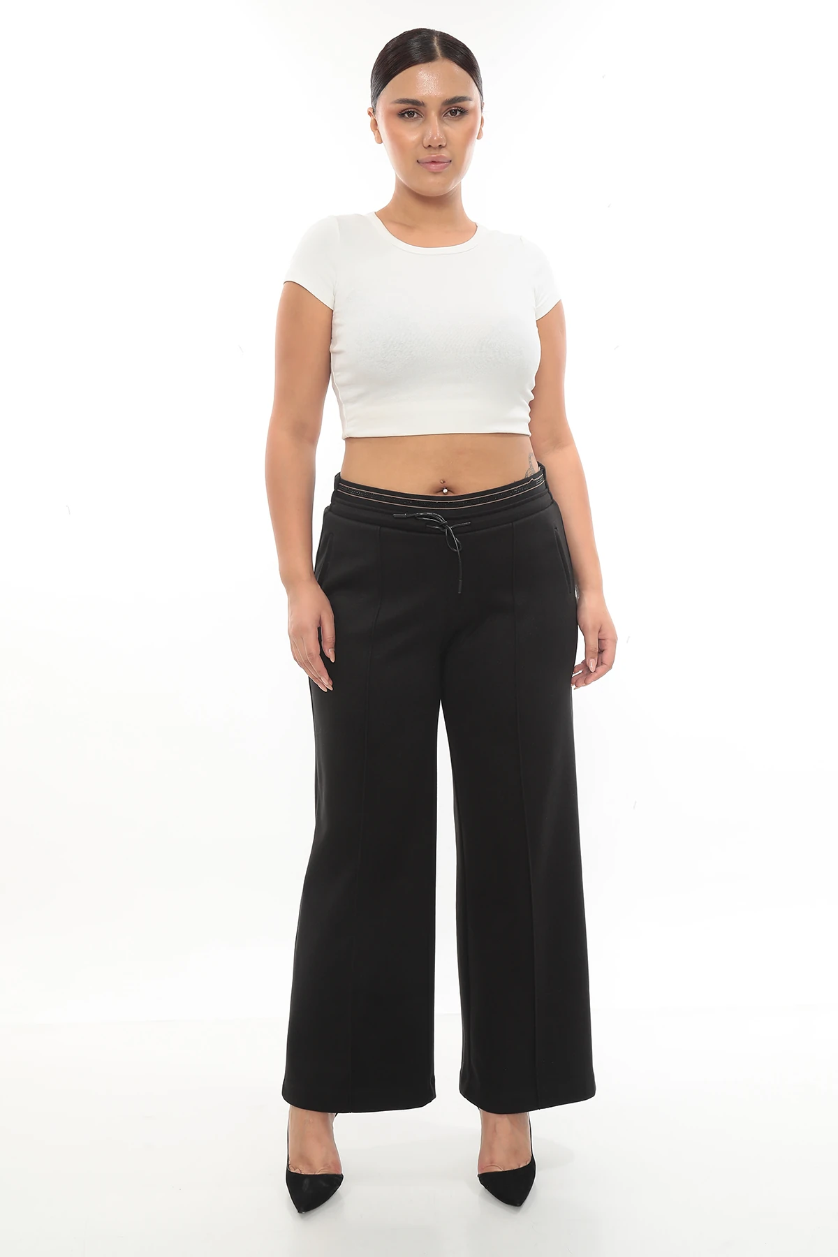 Kadın Taş Lastikli Deri Kordonlu Yün Kumaş Kışlık Büyük Beden Pantolon 1-16-4028 - Siyah