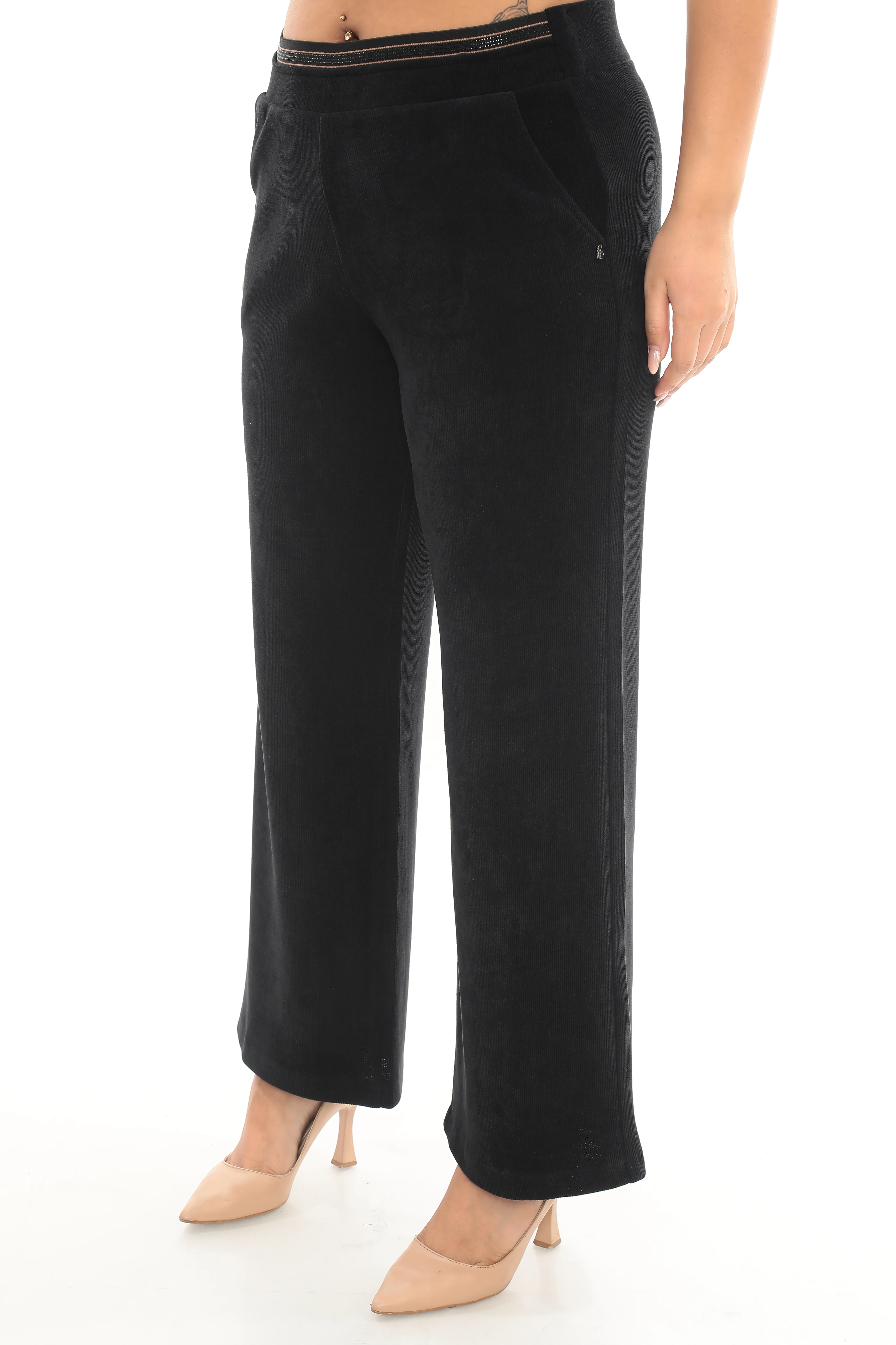 Kadın Taş Şeritli Dikme Aksesuarlı Büyük Beden Kışlık Kadife Pantolon 1-04-4022