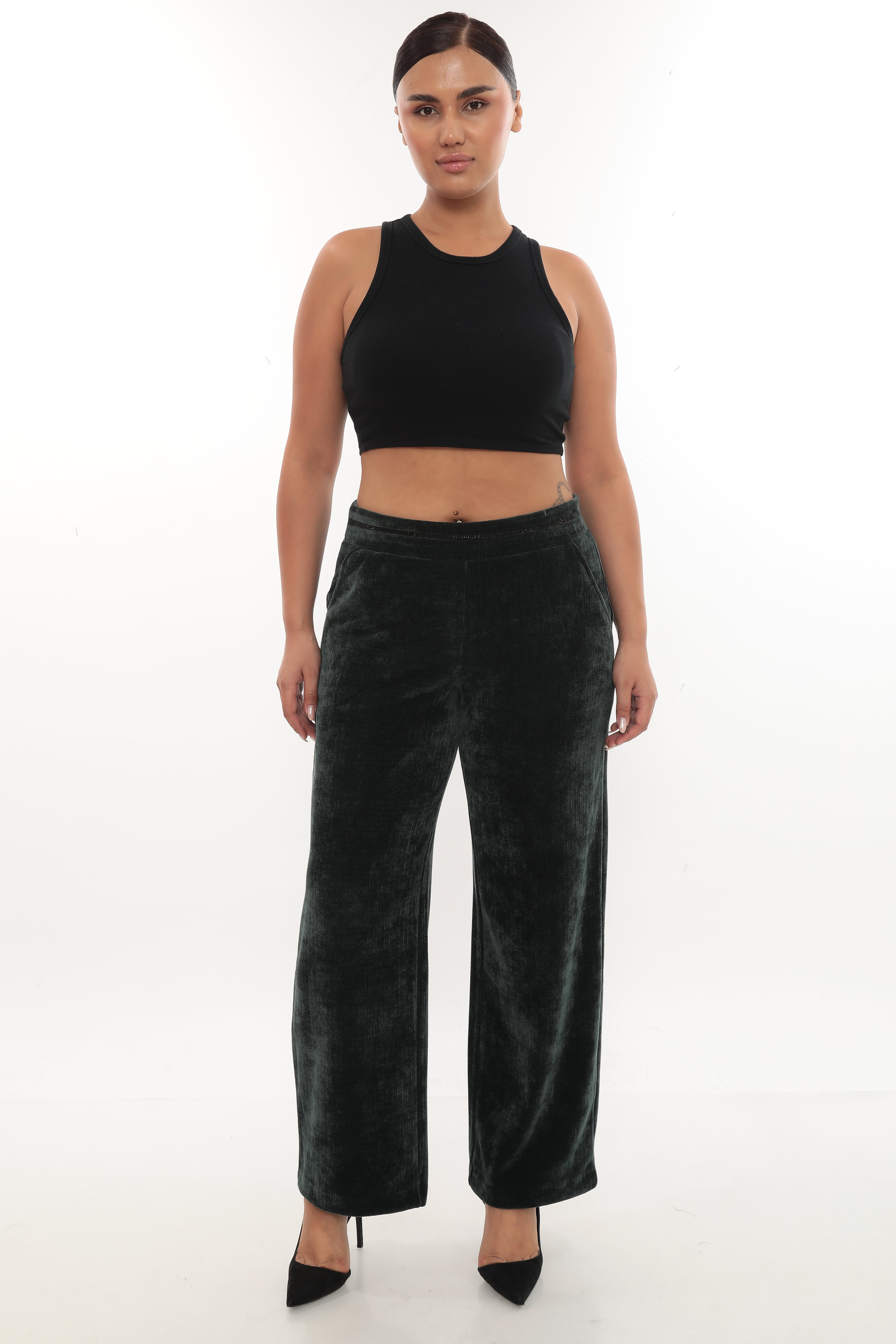 Kadın Taşlı Kalın Kadife Pantolon 1-02-4002 - Zümrüt-Yeşil