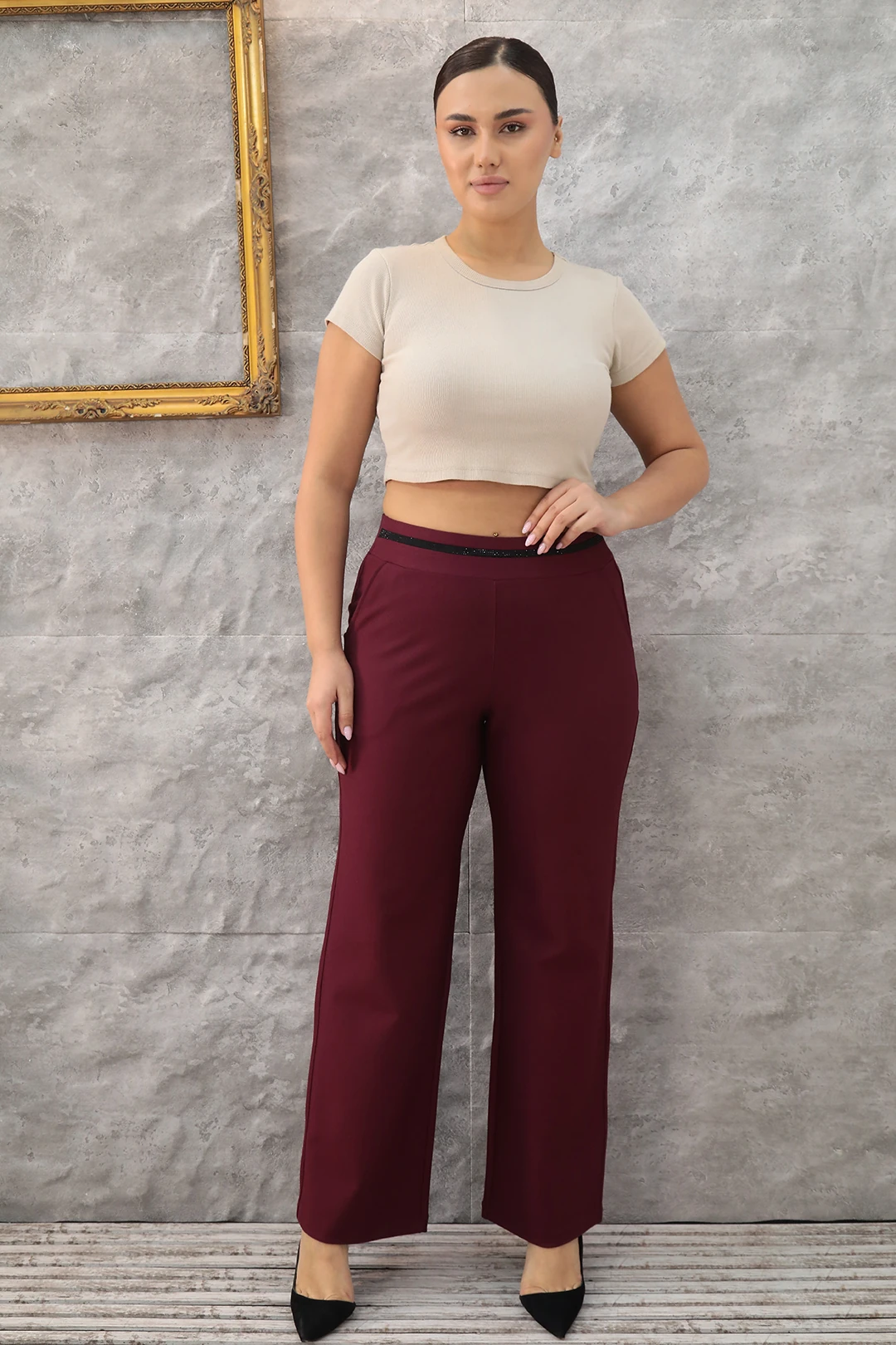 Kadın Beli Taş Şeritli En Boy Likralı Büyük Beden Örme Pantolon 1-01-4006-1 - Bordo