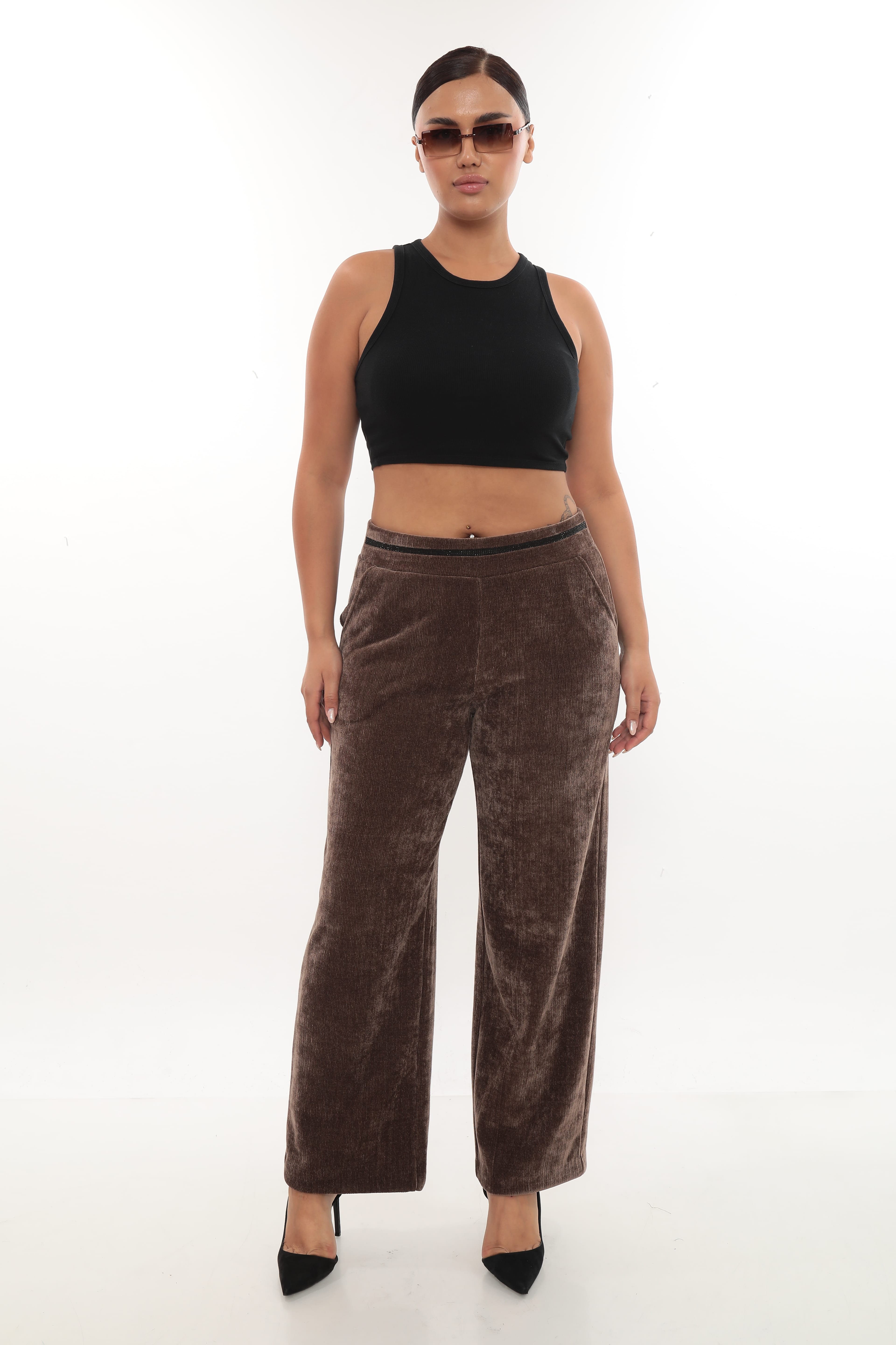 Kadın Taşlı Kalın Kadife Pantolon 1-02-4002 - Vizon