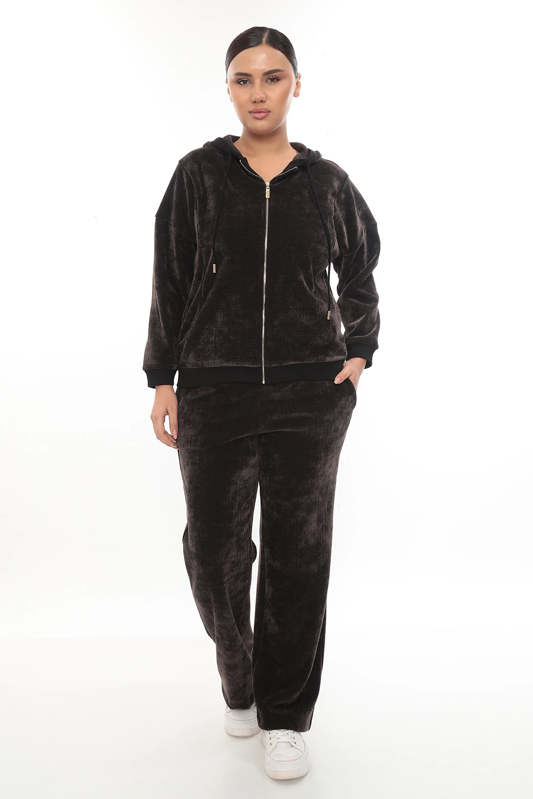 Kadın Kapüşonlu Fermuarlı Çift Renk Şeritli Kalın Kadife Eşofman Takımı 7-02-4022 - Kahverengi