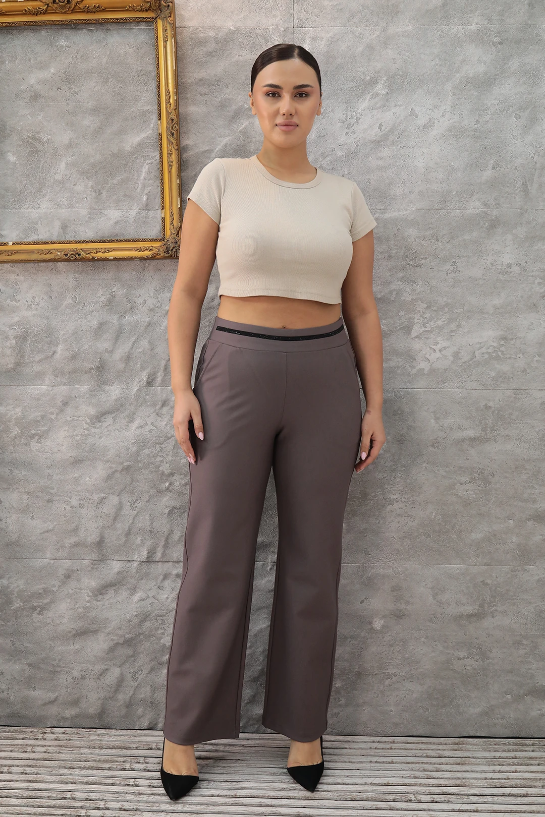 Kadın Beli Taş Şeritli En Boy Likralı Büyük Beden Örme Pantolon 1-01-4006-1 - Vizon