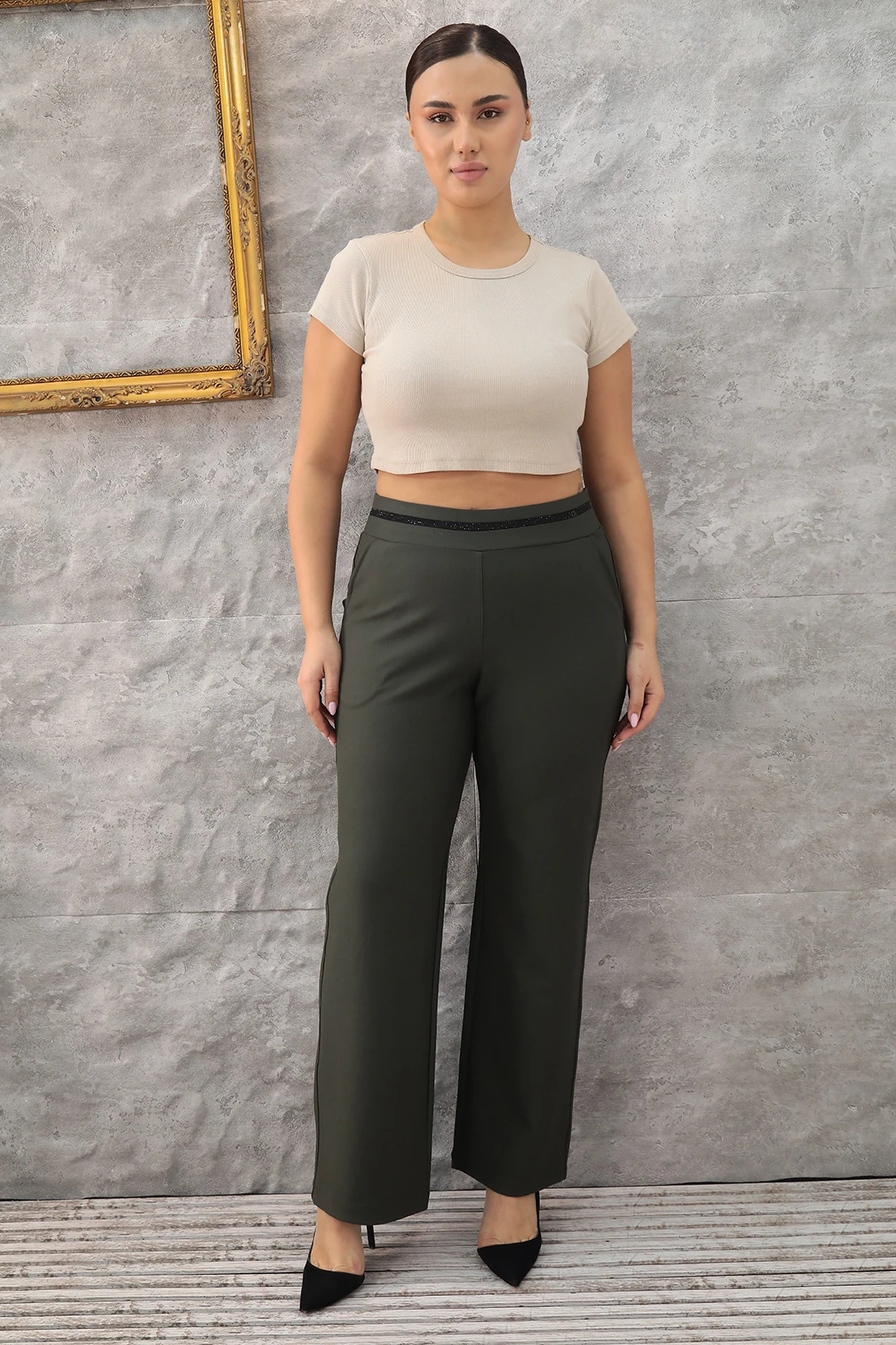 Kadın Beli Taş Şeritli En Boy Likralı Büyük Beden Örme Pantolon 1-01-4006-1 - Haki-Yeşil