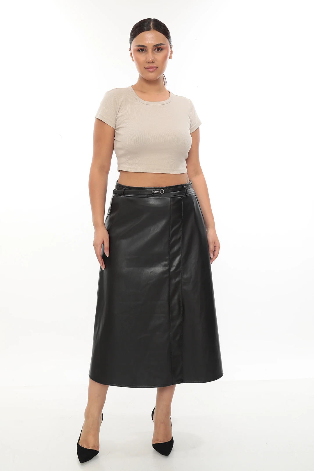 Kadın Kemerli Yırtmaçlı Büyük Beden Deri Etek 2-18-4007