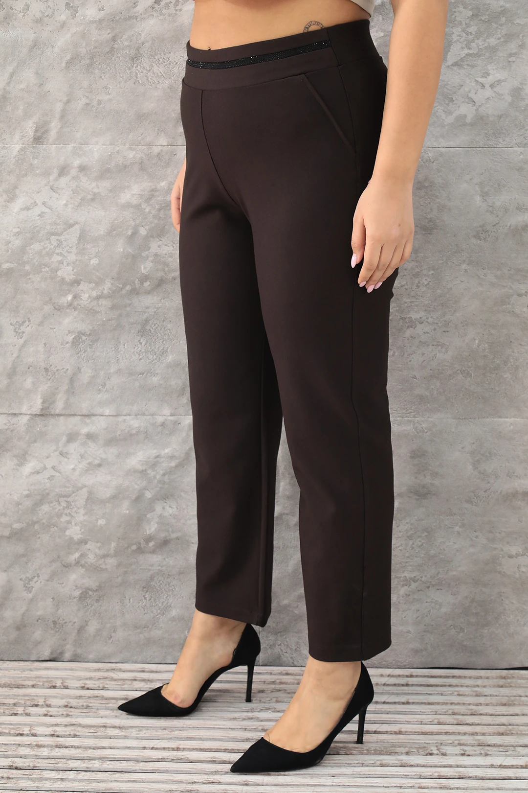 Kadın Beli Taş Şeritli En Boy Likralı Büyük Beden Örme Pantolon 1-01-4006-1