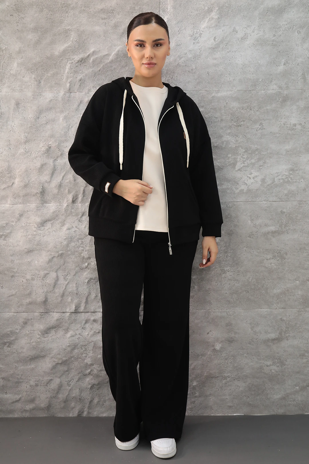 Kadın Kapüşonlu Fermuarlı Büyük Beden Kışlık 3 lü Eşofman Takım 7-31-4030 - Siyah