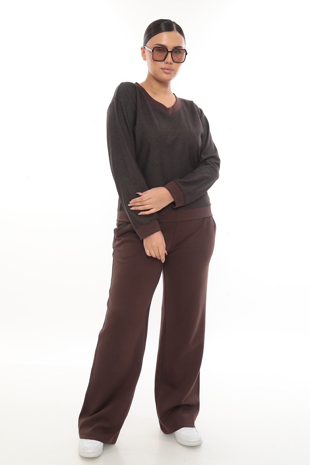   Kadın Baskı Desenli Çift Renk Şeritli V yaka Büyük Beden Takım 7-29-4027