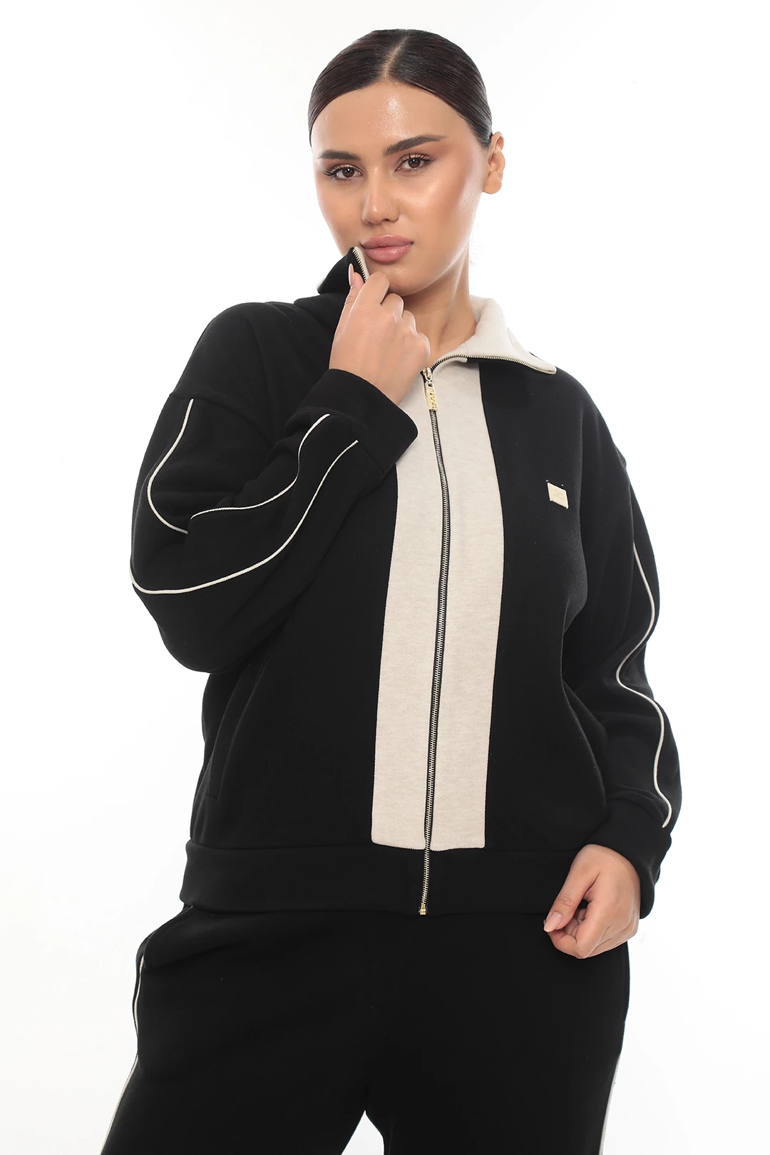 Kadın Fermuarlı Aksesuarlı Çift Renkli Dışı yün İçi Polarlı Büyük Beden Eşofman Takımı 7-10-4021