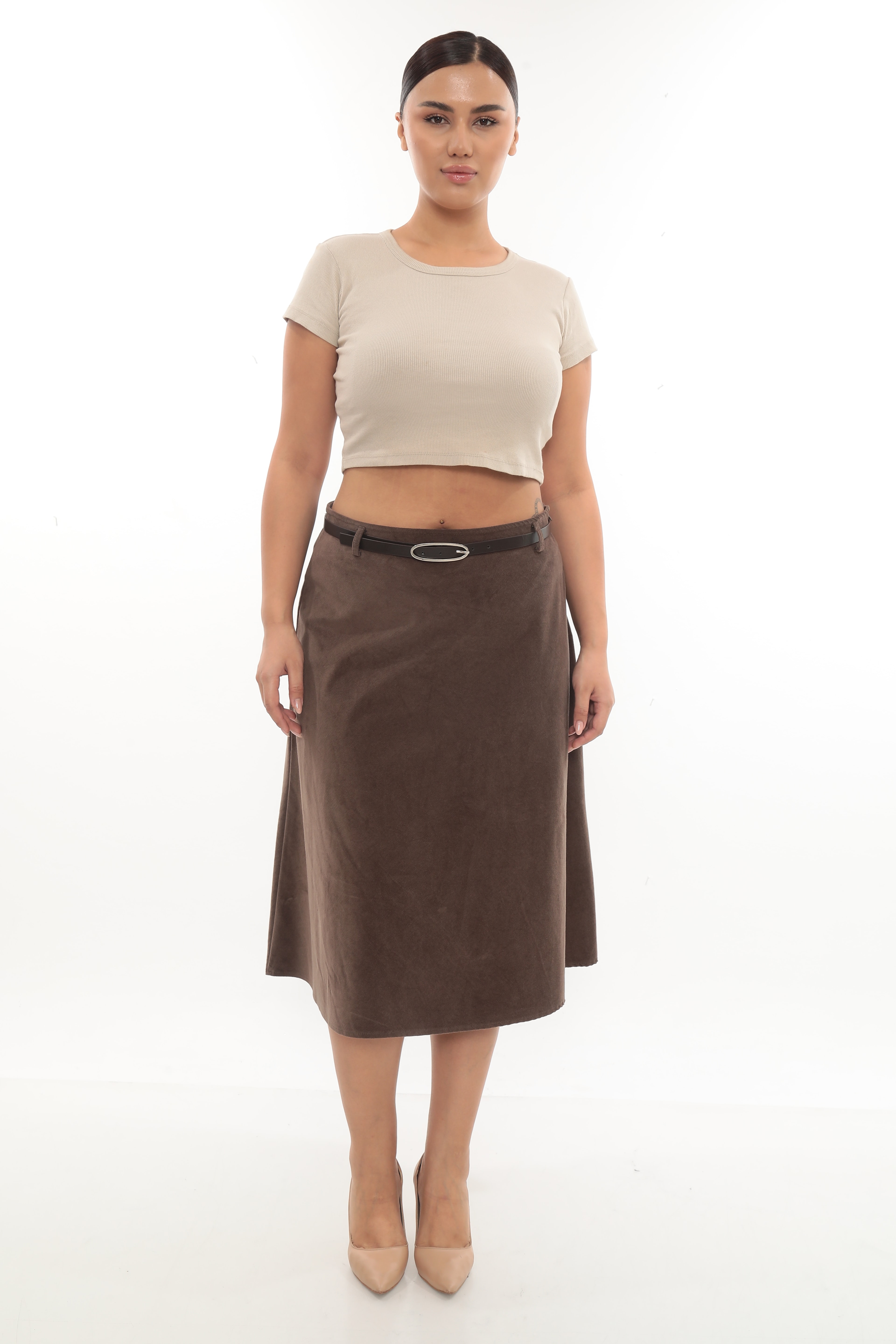 Kadın Kemerli Kadife Etek 2-11-4004 - Vizon