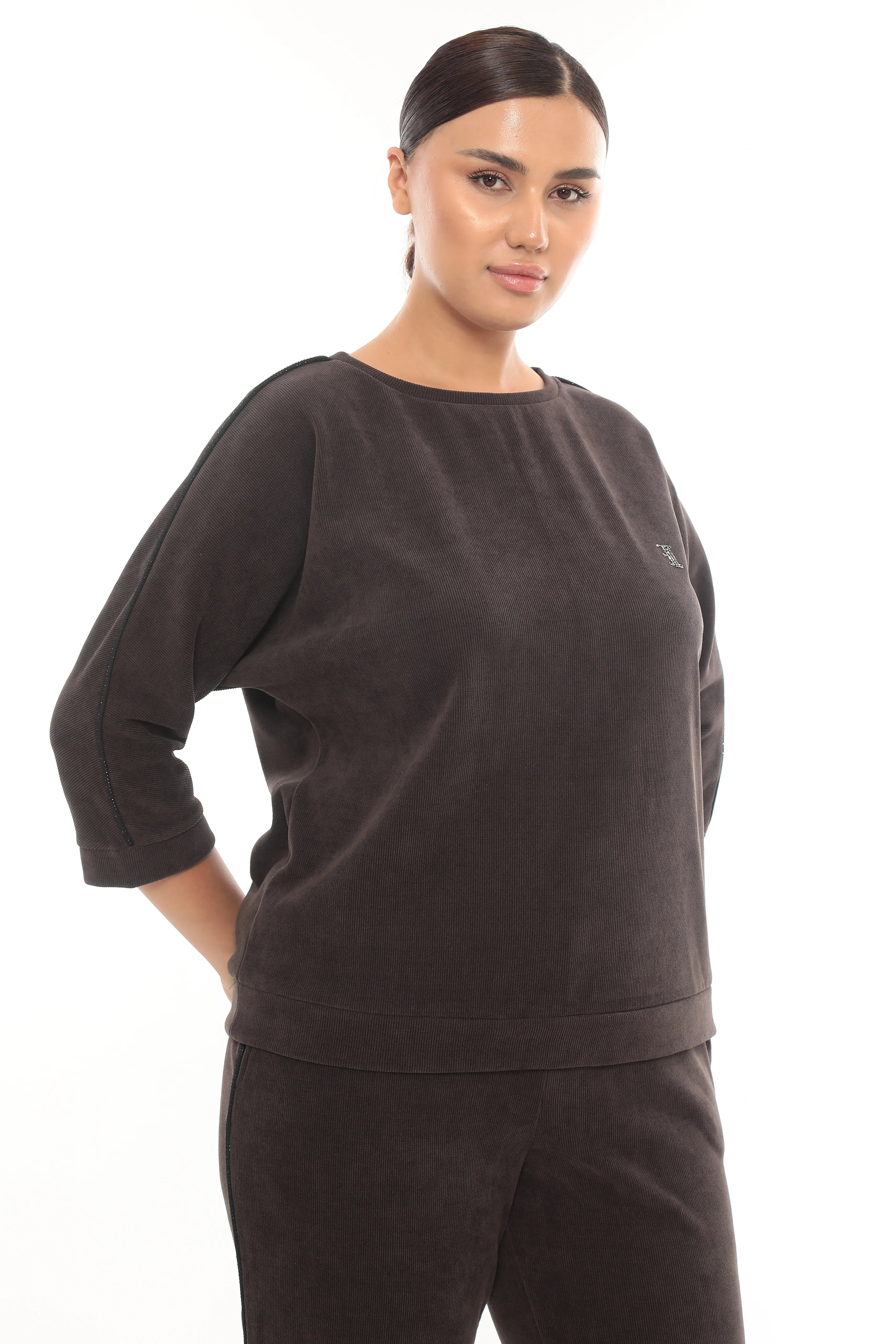 Kadın Yanları Taş Biyeli Taş Baskılı Kışlık Kadife Takım 7-04-4006