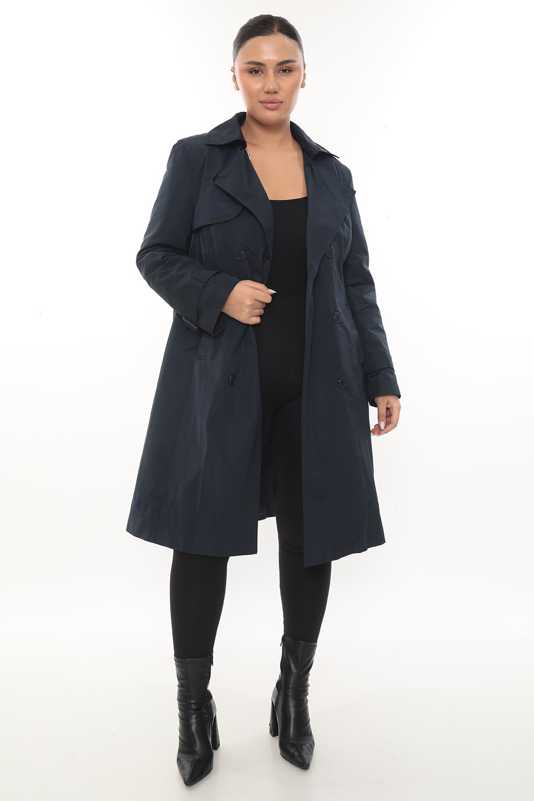 Kadın Astarı Fermuarlı Kemerli Kışlık Trençkot 946 - Lacivert