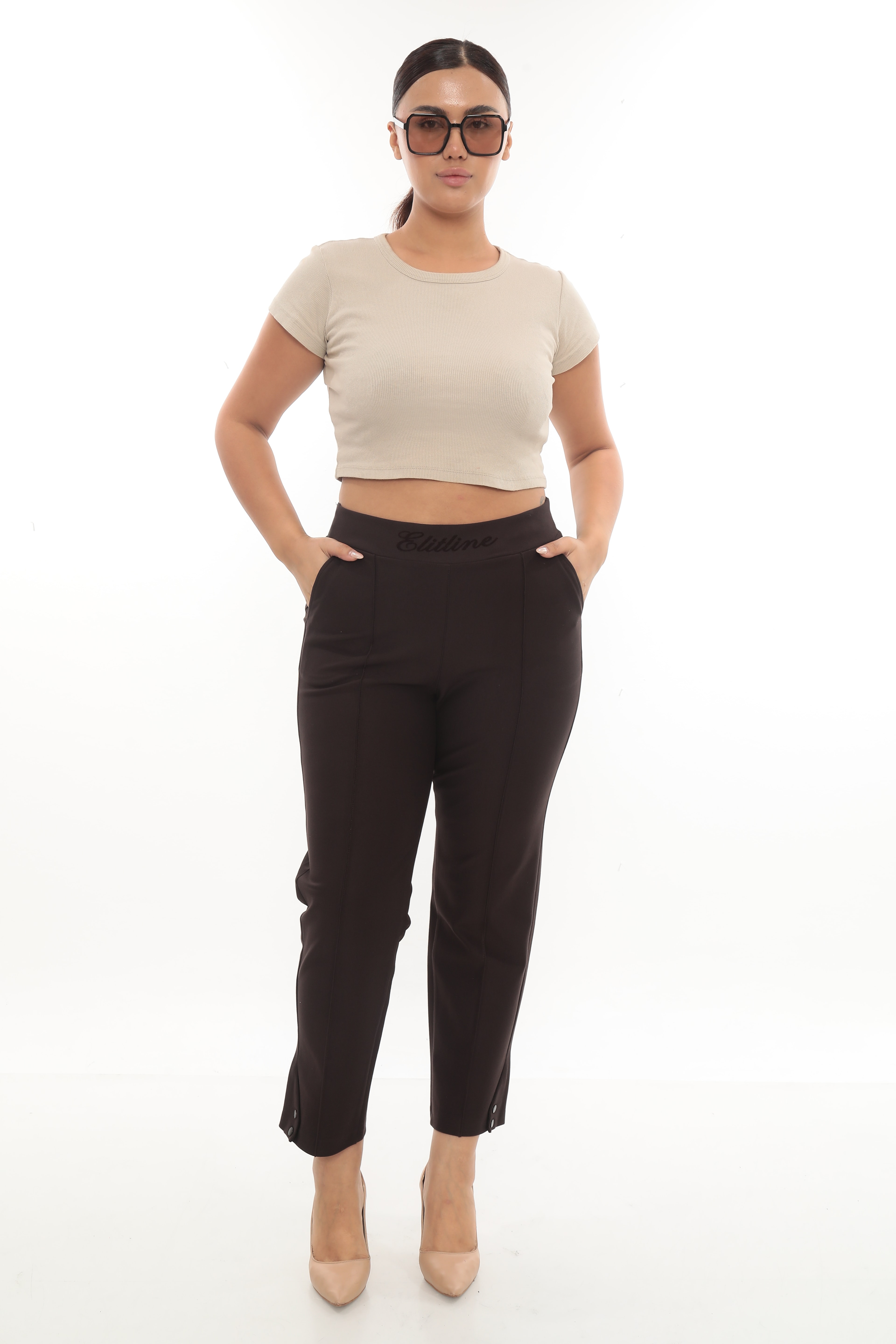 Kadın Flok Baskı Detaylı Paçası Çıtçıtlı Örme Pantolon 1-13-4023