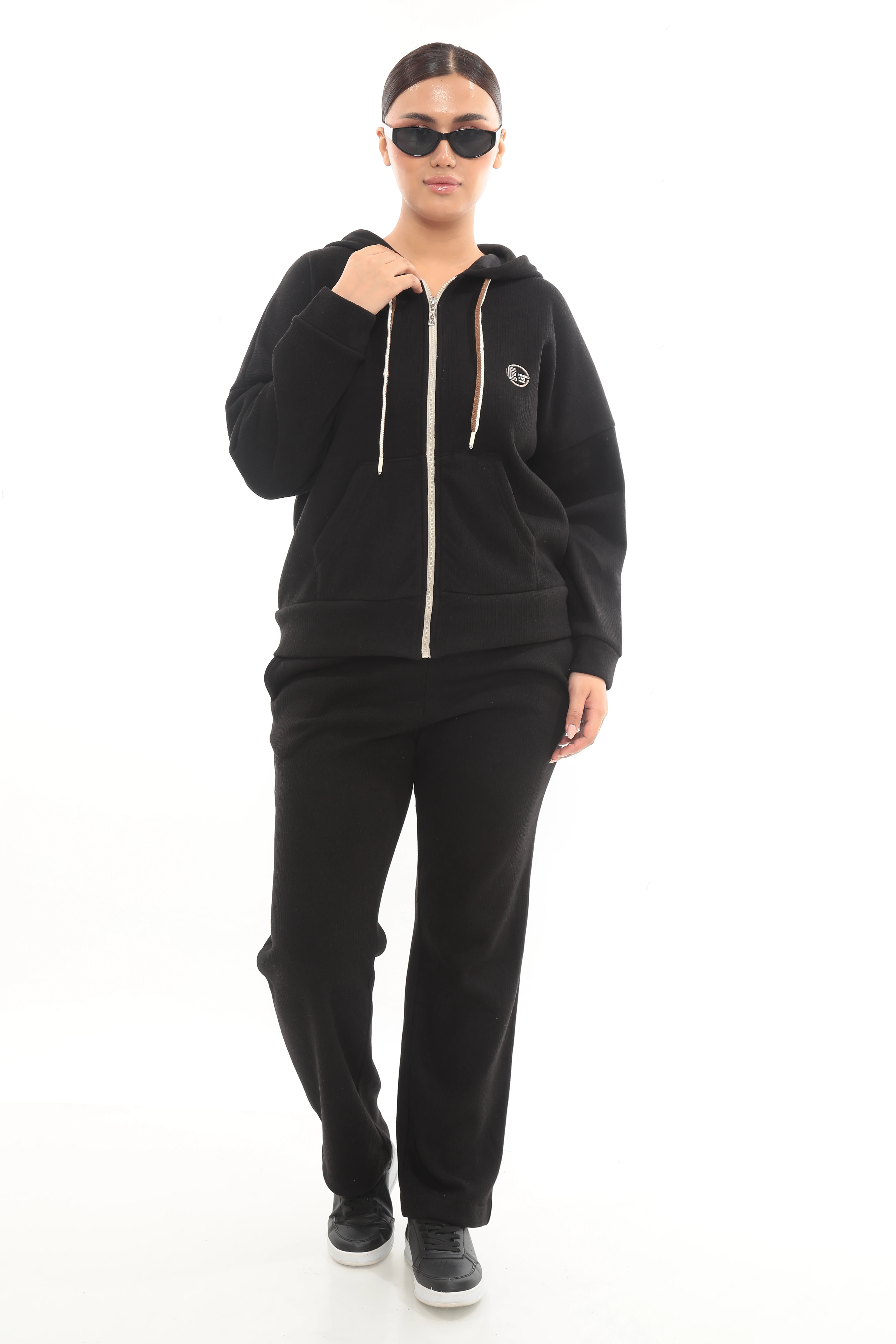 Kadın Kapüşonlu Fermuarlı Yün Kumaş Kışlık Eşofman Takımı 7-09-4012  - Siyah