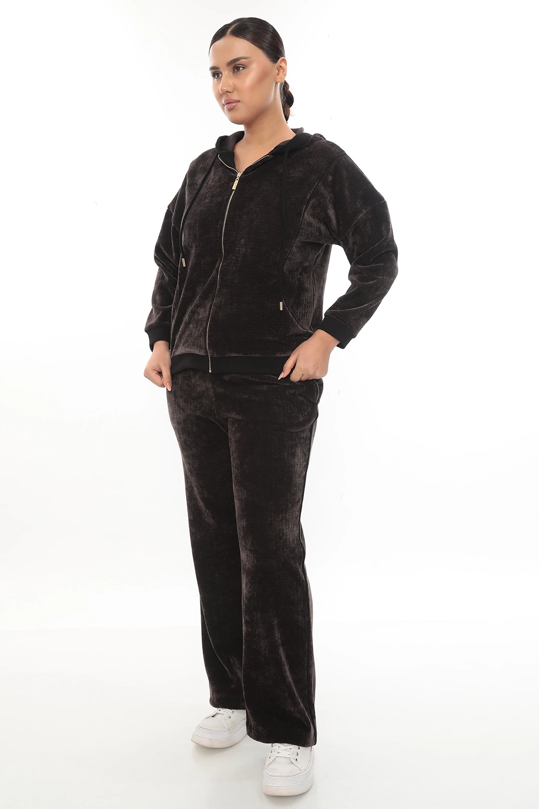 Kadın Kapüşonlu Fermuarlı Çift Renk Şeritli Kalın Kadife Eşofman Takımı 7-02-4022