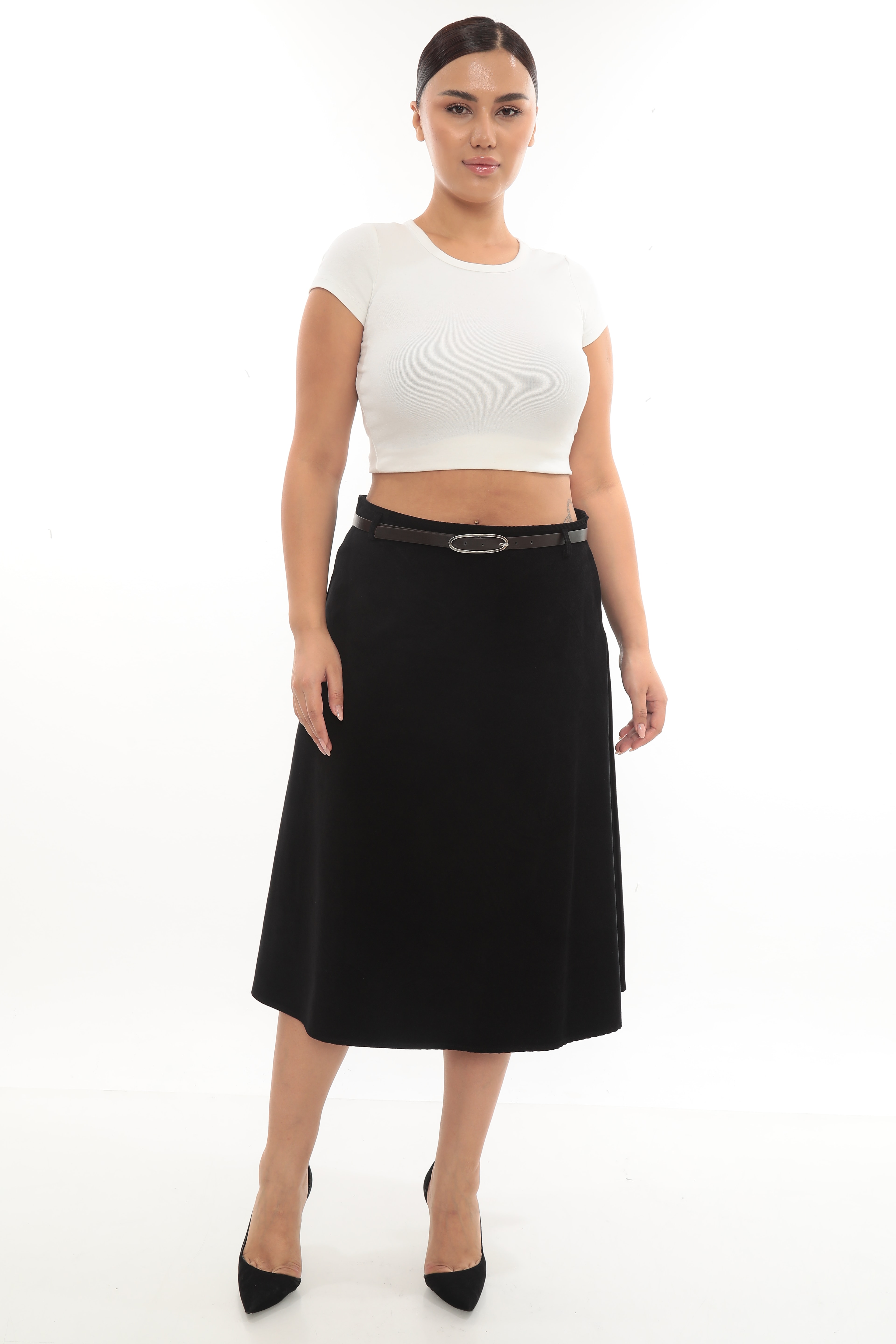 Kadın Kemerli Kadife Etek 2-11-4004 - Siyah