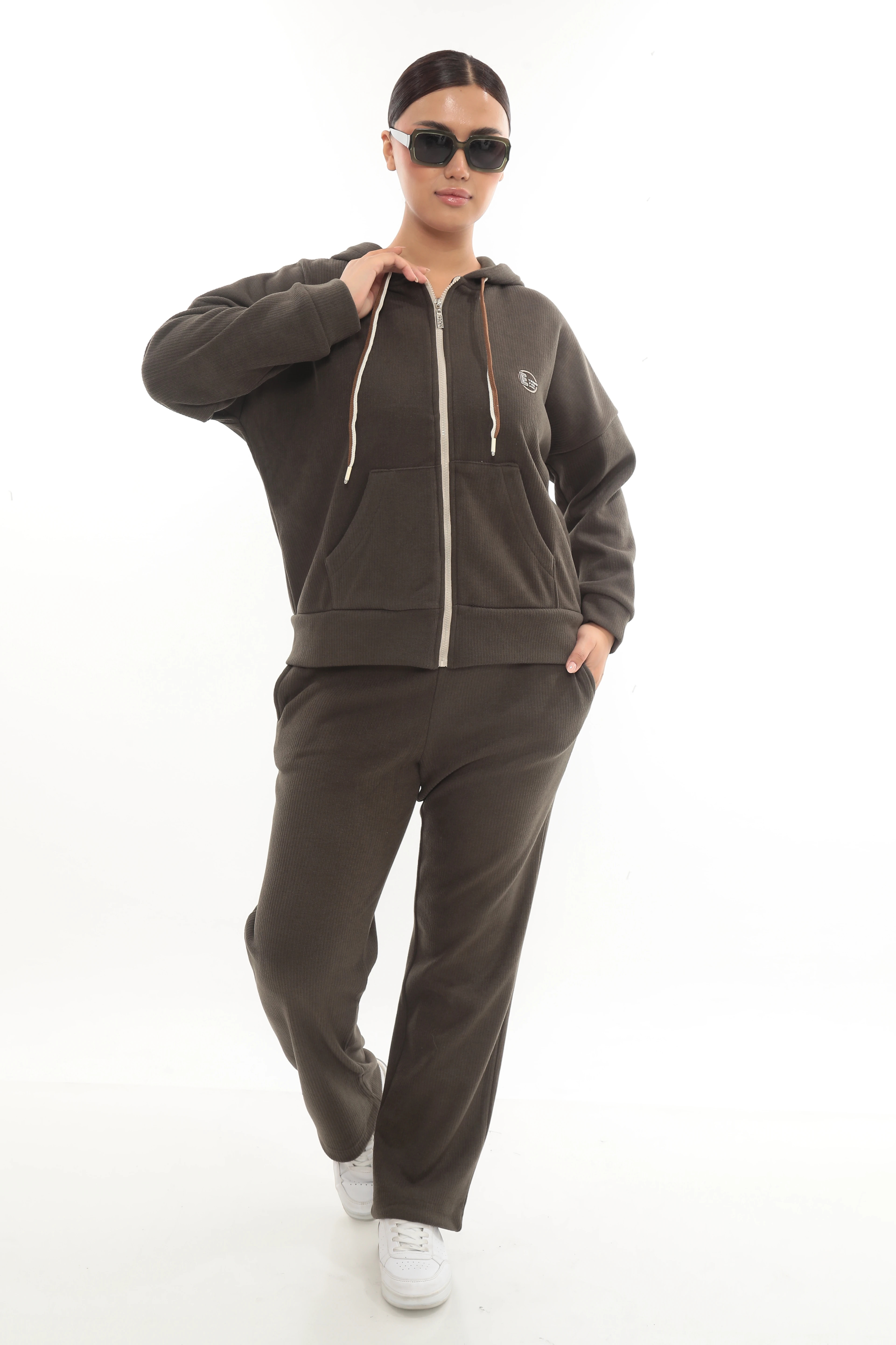 Kadın Kapüşonlu Fermuarlı Yün Kumaş Kışlık Eşofman Takımı 7-09-4012  - Haki-Yeşil