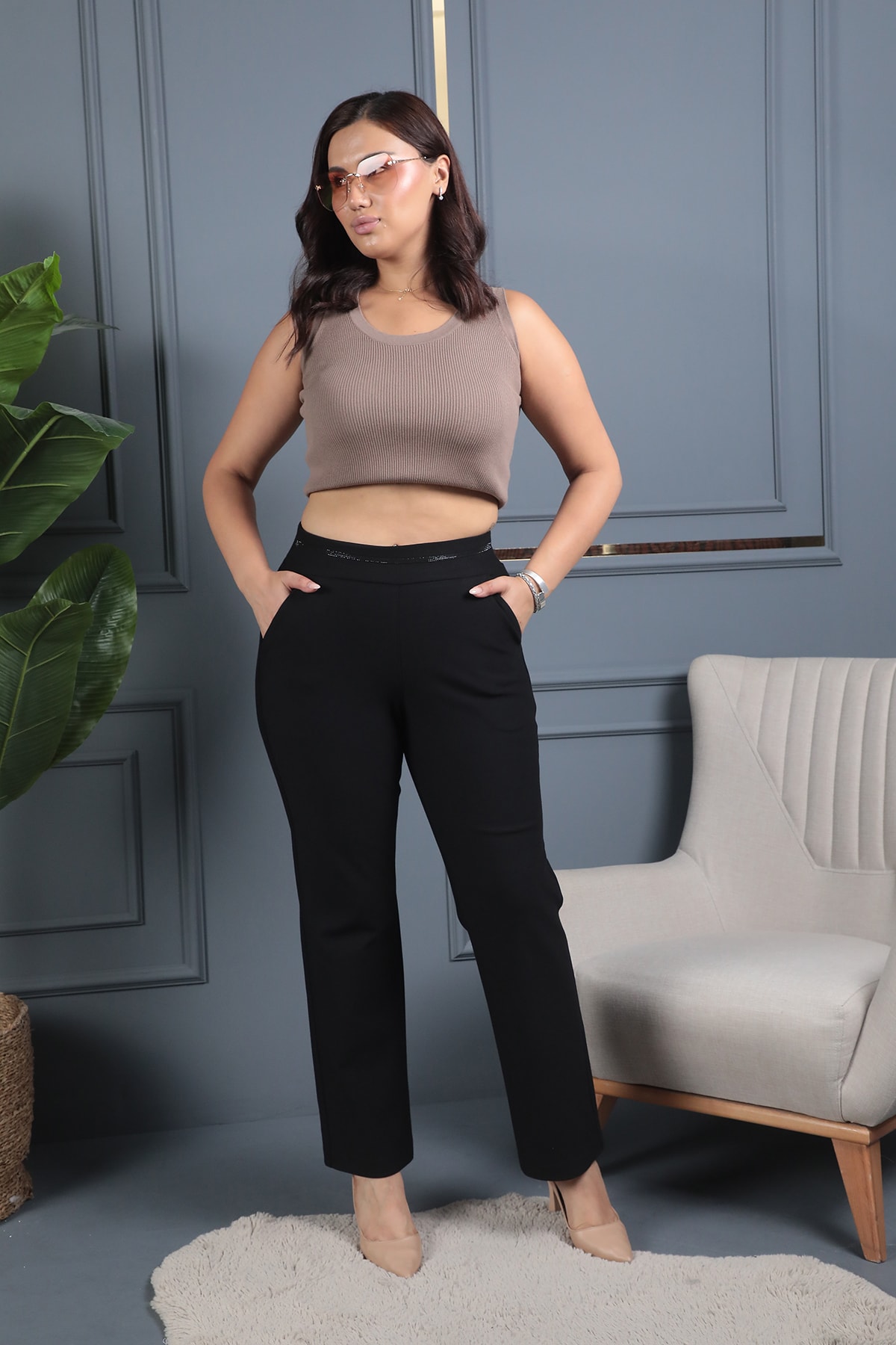 Kadın Beli Taşlı Büyük Beden Örme Pantolon 1-01-4006