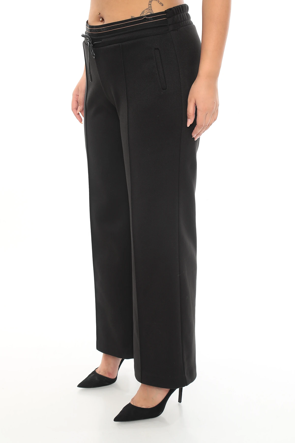 Kadın Taş Lastikli Deri Kordonlu Yün Kumaş Kışlık Büyük Beden Pantolon 1-16-4028