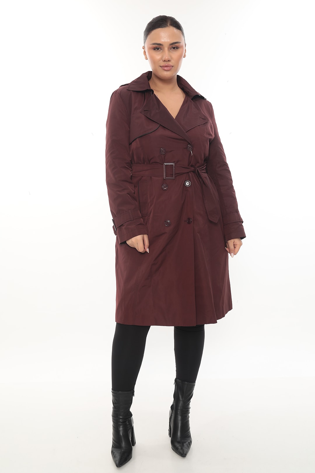 Kadın Astarı Fermuarlı Kemerli Kışlık Trençkot 946 - Bordo