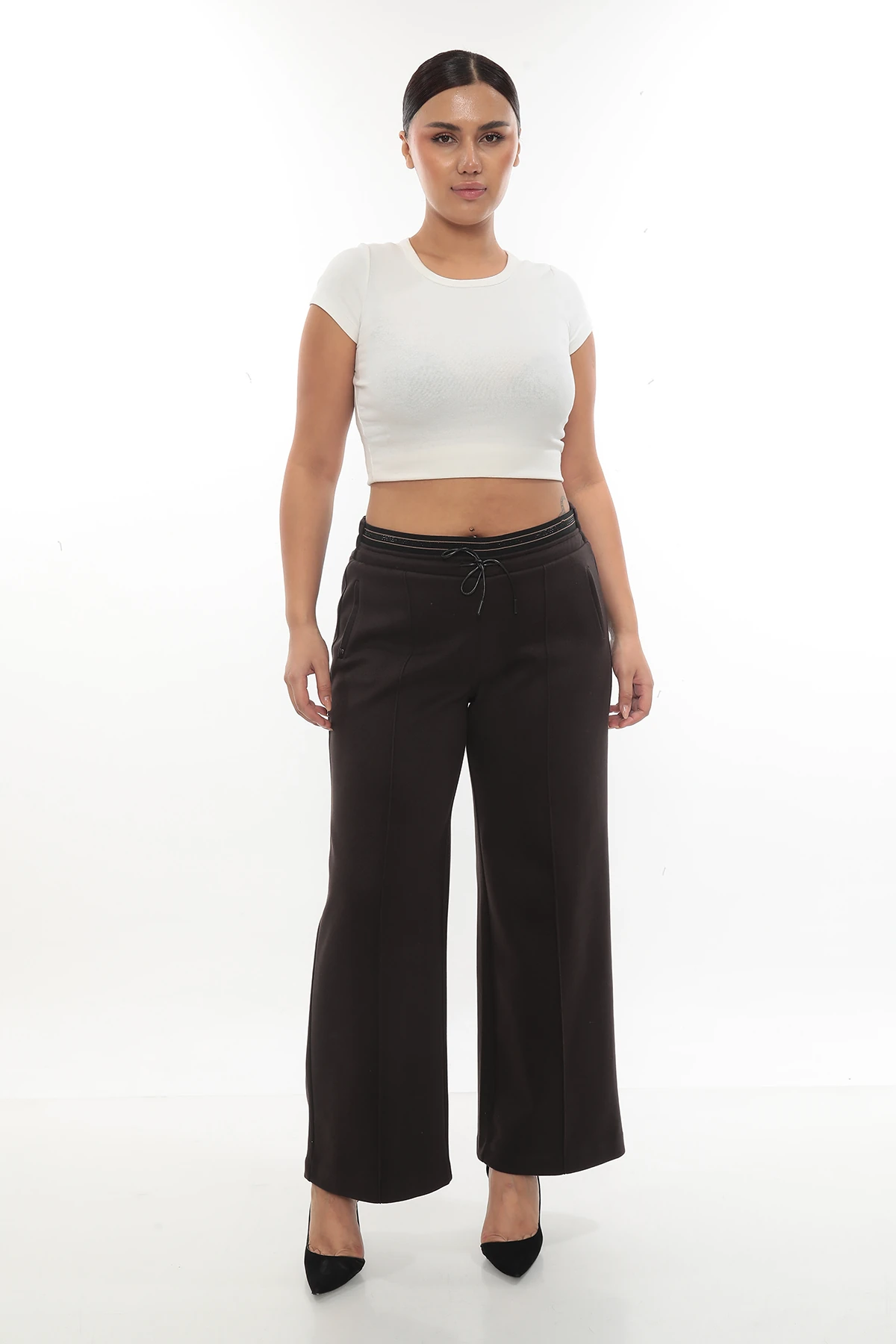 Kadın Taş Lastikli Deri Kordonlu Yün Kumaş Kışlık Büyük Beden Pantolon 1-16-4028 - Kahverengi