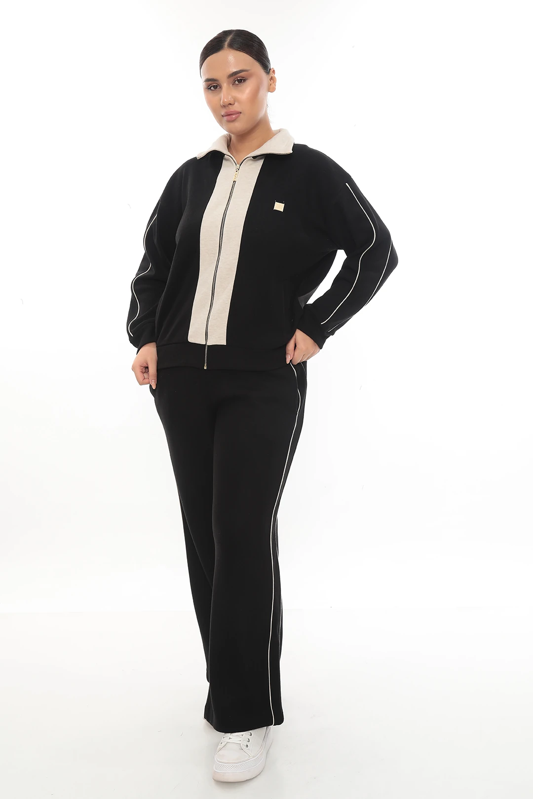 Kadın Fermuarlı Aksesuarlı Çift Renkli Dışı yün İçi Polarlı Büyük Beden Eşofman Takımı 7-10-4021