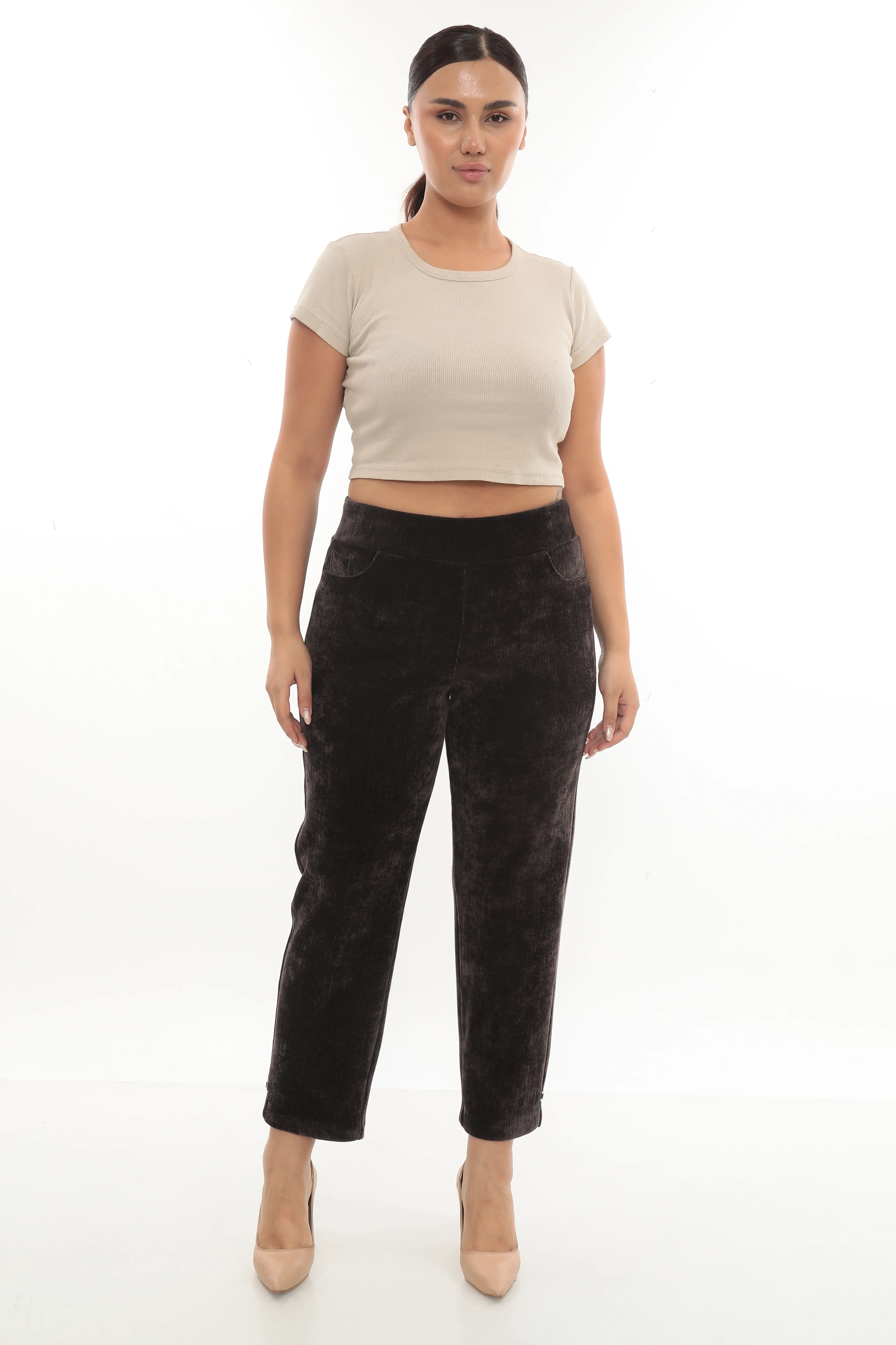 Kadın Paçası Taşlı Dikme Aksesuarlı Kışlık Kadife Pantolon 1-02-4005 - Kahverengi