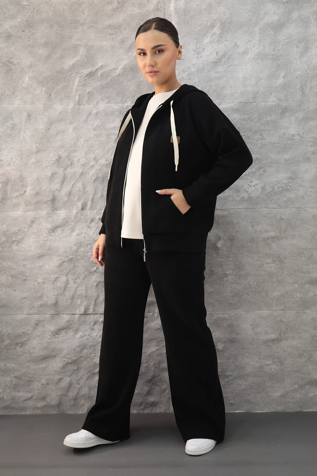 Kadın Kapüşonlu Fermuarlı Büyük Beden Kışlık 3 lü Eşofman Takım 7-31-4030