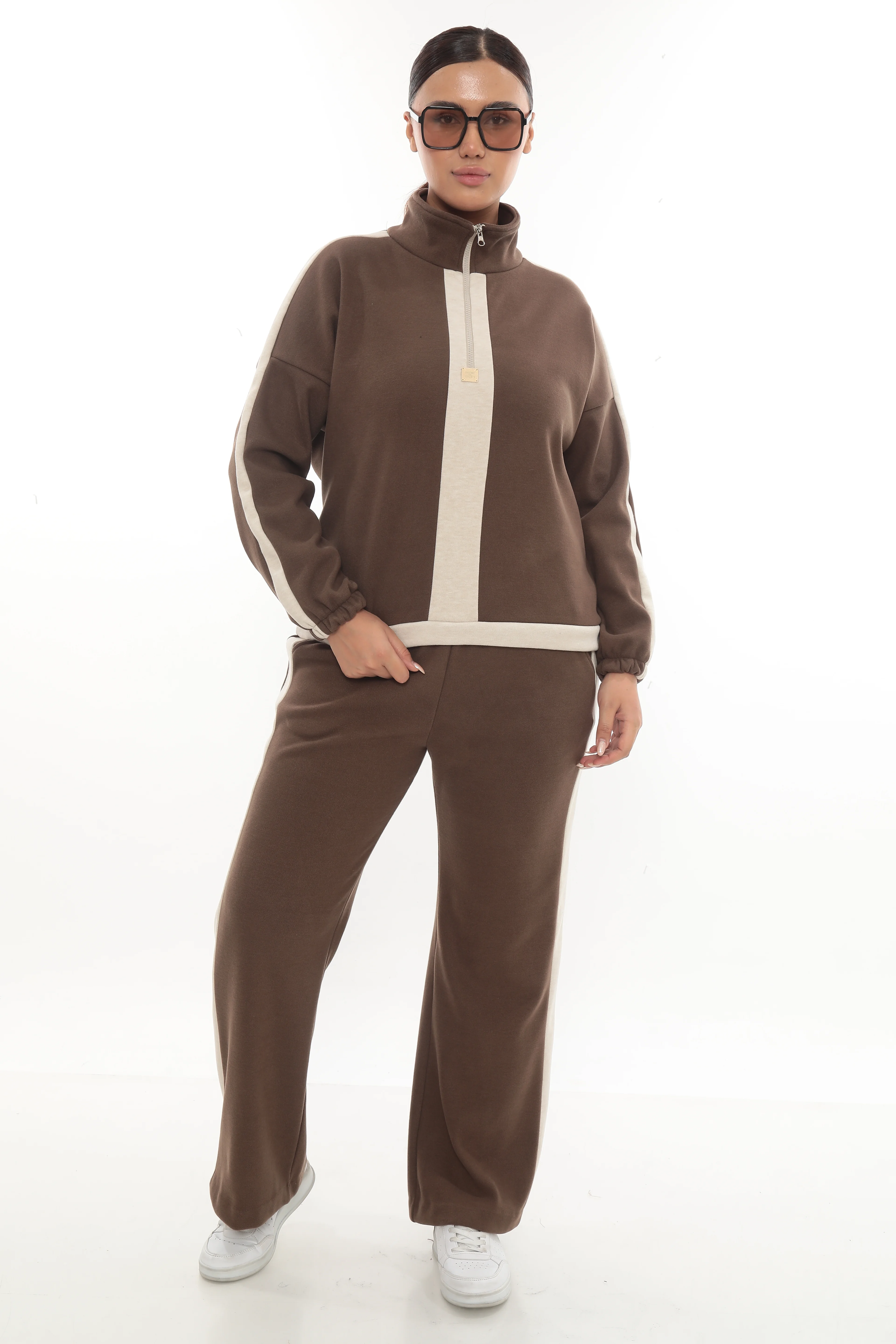 Kadın Yarım Fermuarlı Yün Kumaş Alt Üst Kışlık Takım 7-10-4011 - Vizon