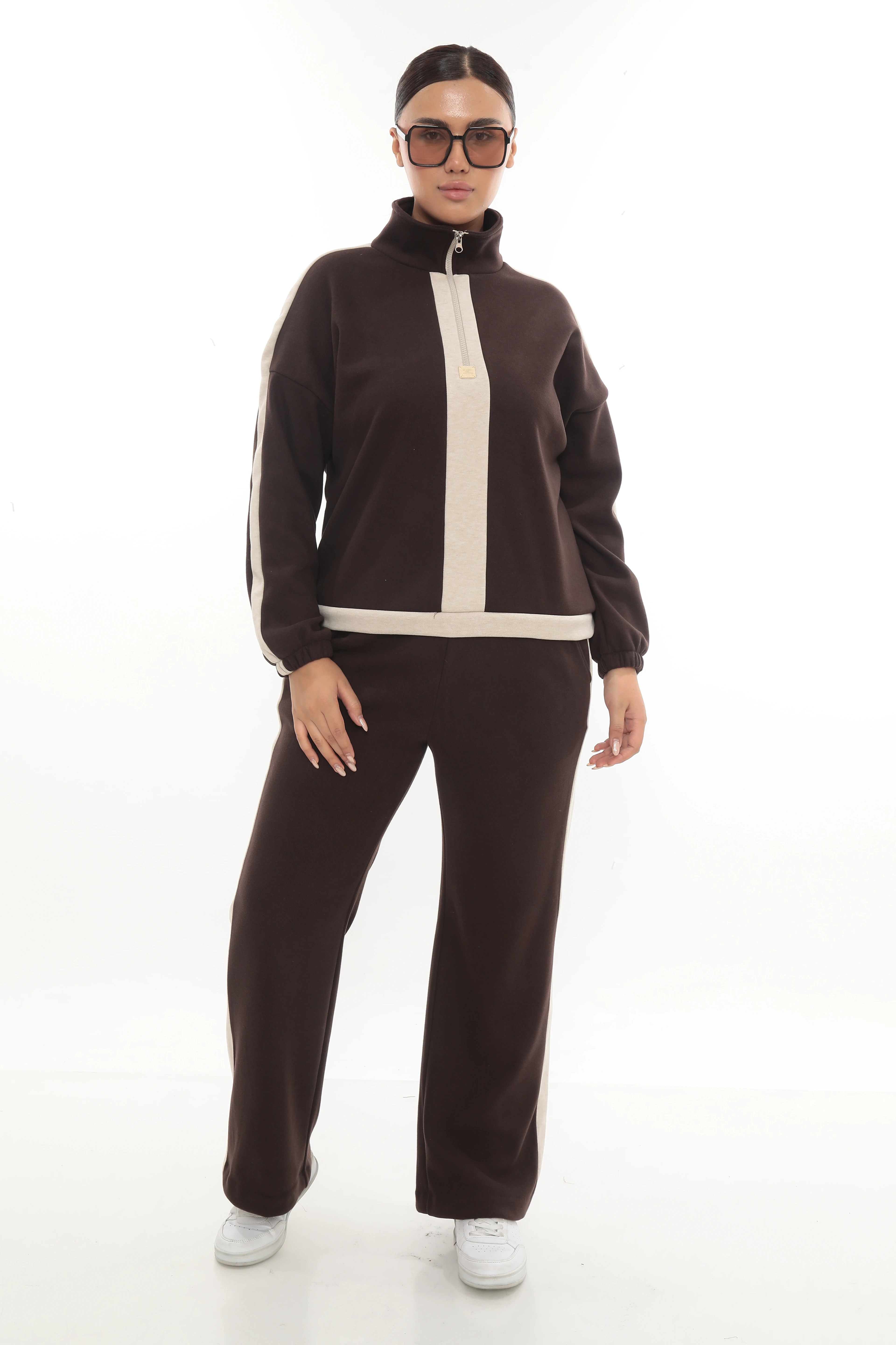 Kadın Yarım Fermuarlı Yün Kumaş Alt Üst Kışlık Takım 7-10-4011 - Kahverengi