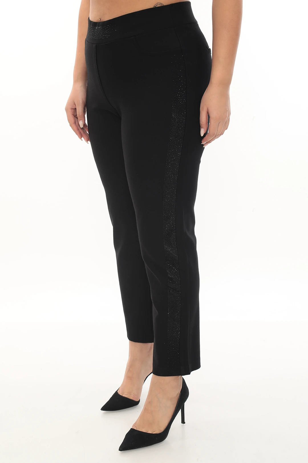 Kadın Beli Taşlı Yanları Taş Şeritli Örme Büyük Beden Kışlık Pantolon 1-01-4057