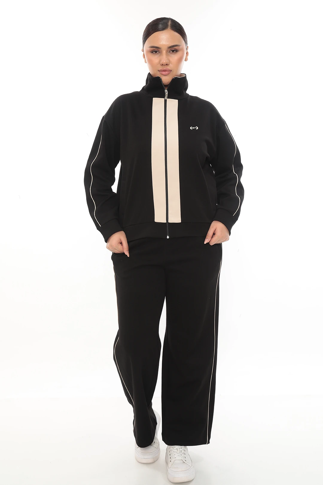 Kadın Fermuarlı Uzun Kol Örme Büyük Beden Eşofman Takımı 7-03-4020 - Siyah