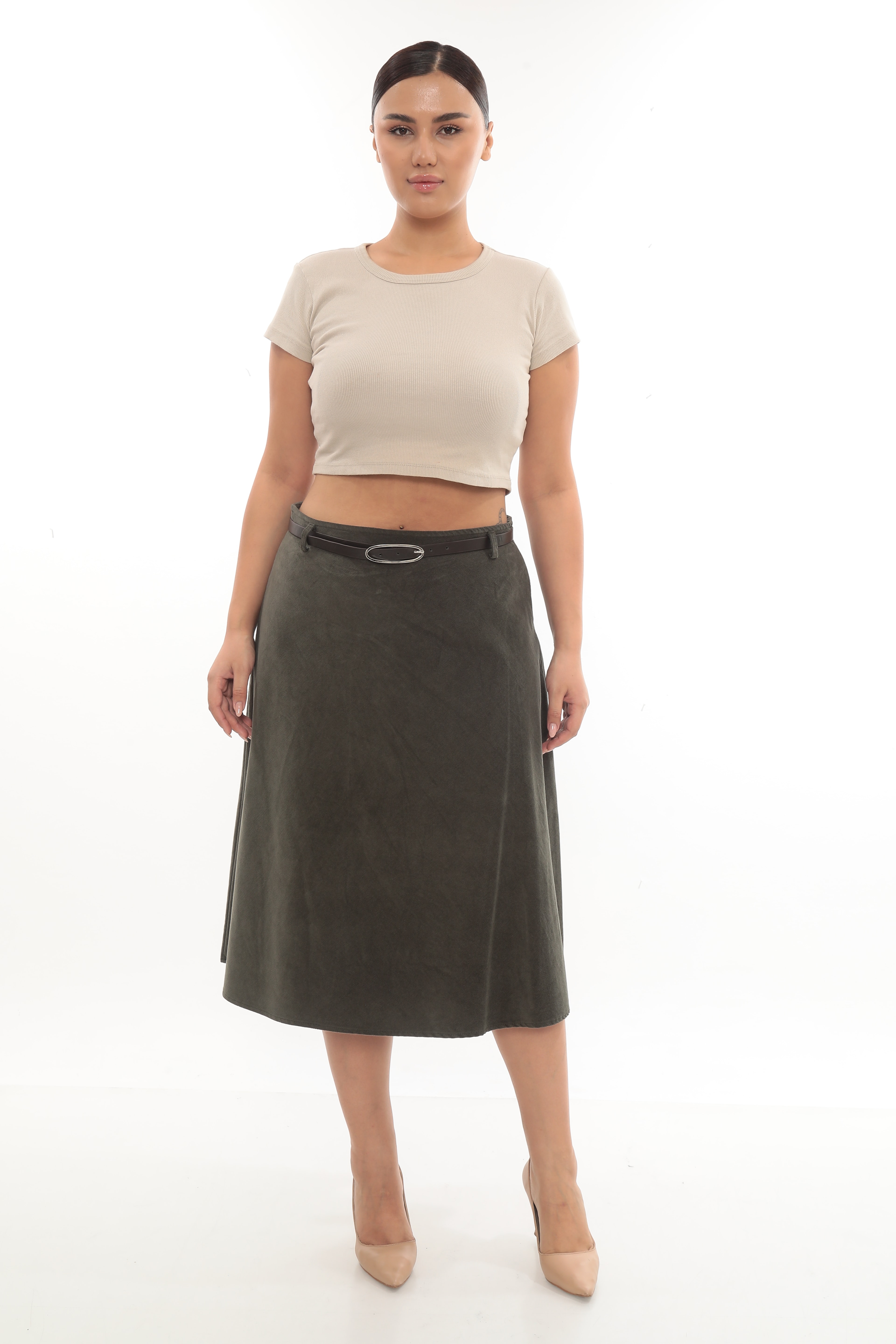 Kadın Kemerli Kadife Etek 2-11-4004 - Haki-Yeşil