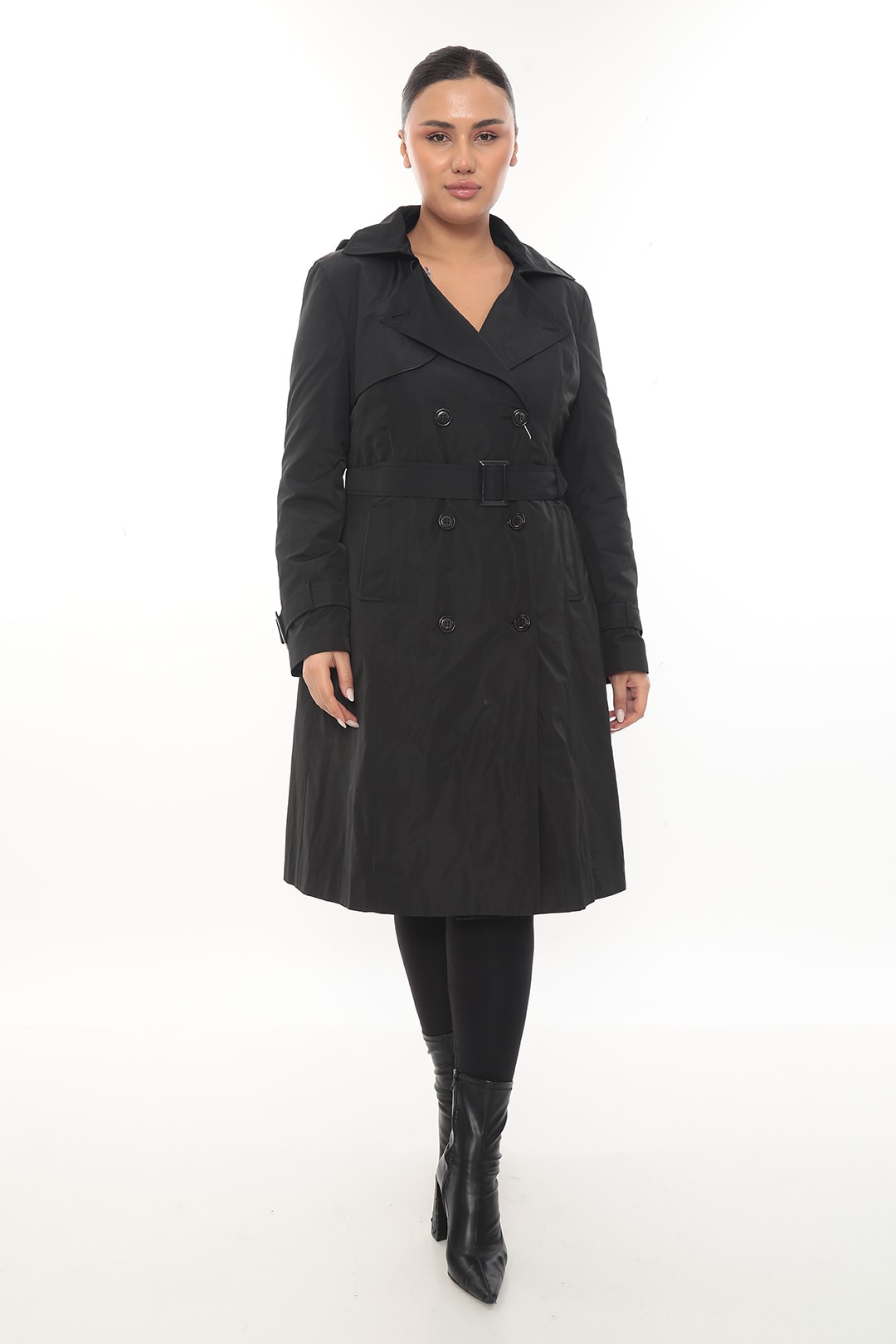 Kadın Astarı Fermuarlı Kemerli Kışlık Trençkot 946 - Siyah