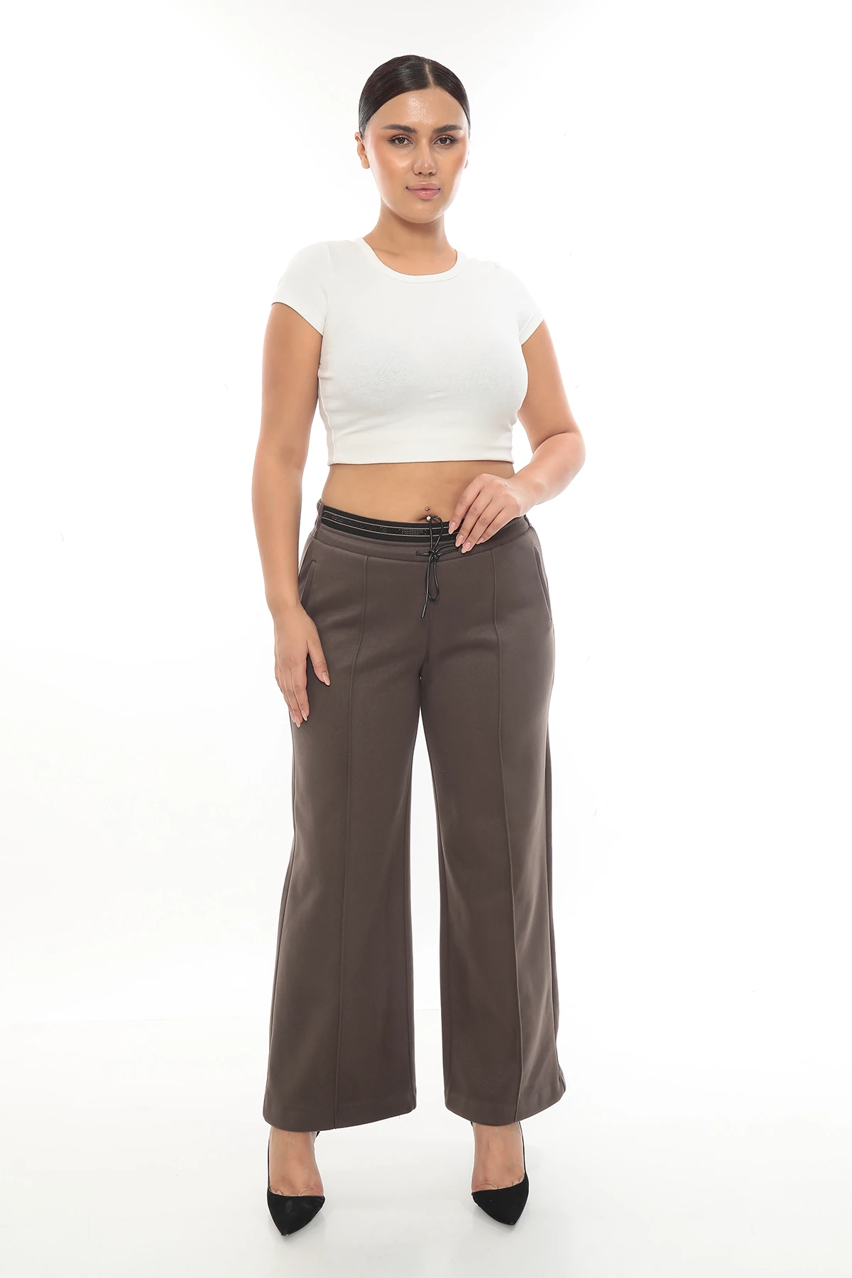 Kadın Taş Lastikli Deri Kordonlu Yün Kumaş Kışlık Büyük Beden Pantolon 1-16-4028 - Vizon