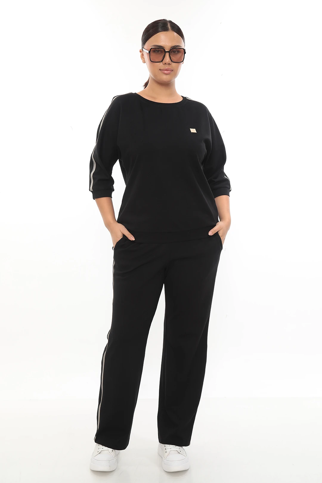 Kadın Yanları Lastik Şeritli Aksesuarlı Örme Alt-Üst Takım 7-24-4014